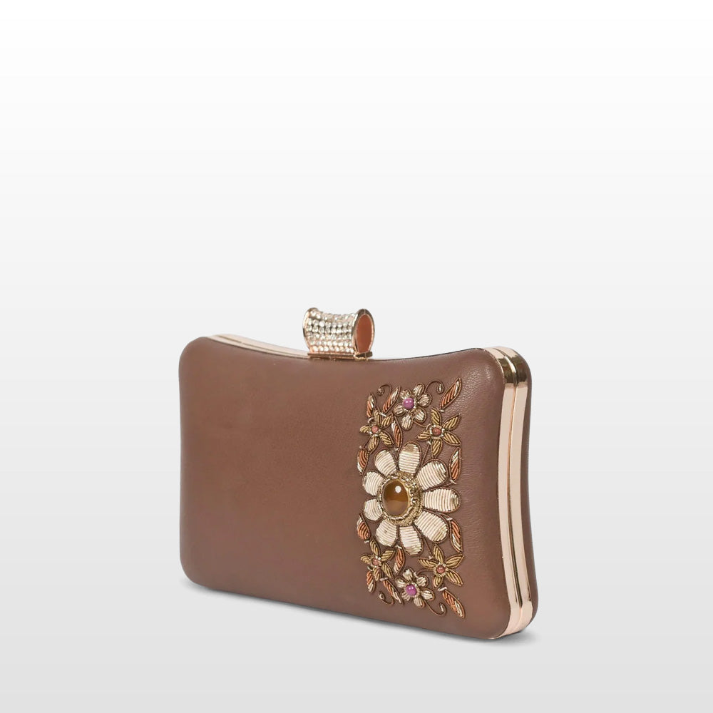 Artisan Elegance: Brown Leather Clutch with Floral Zardosi and Precious Gemstones