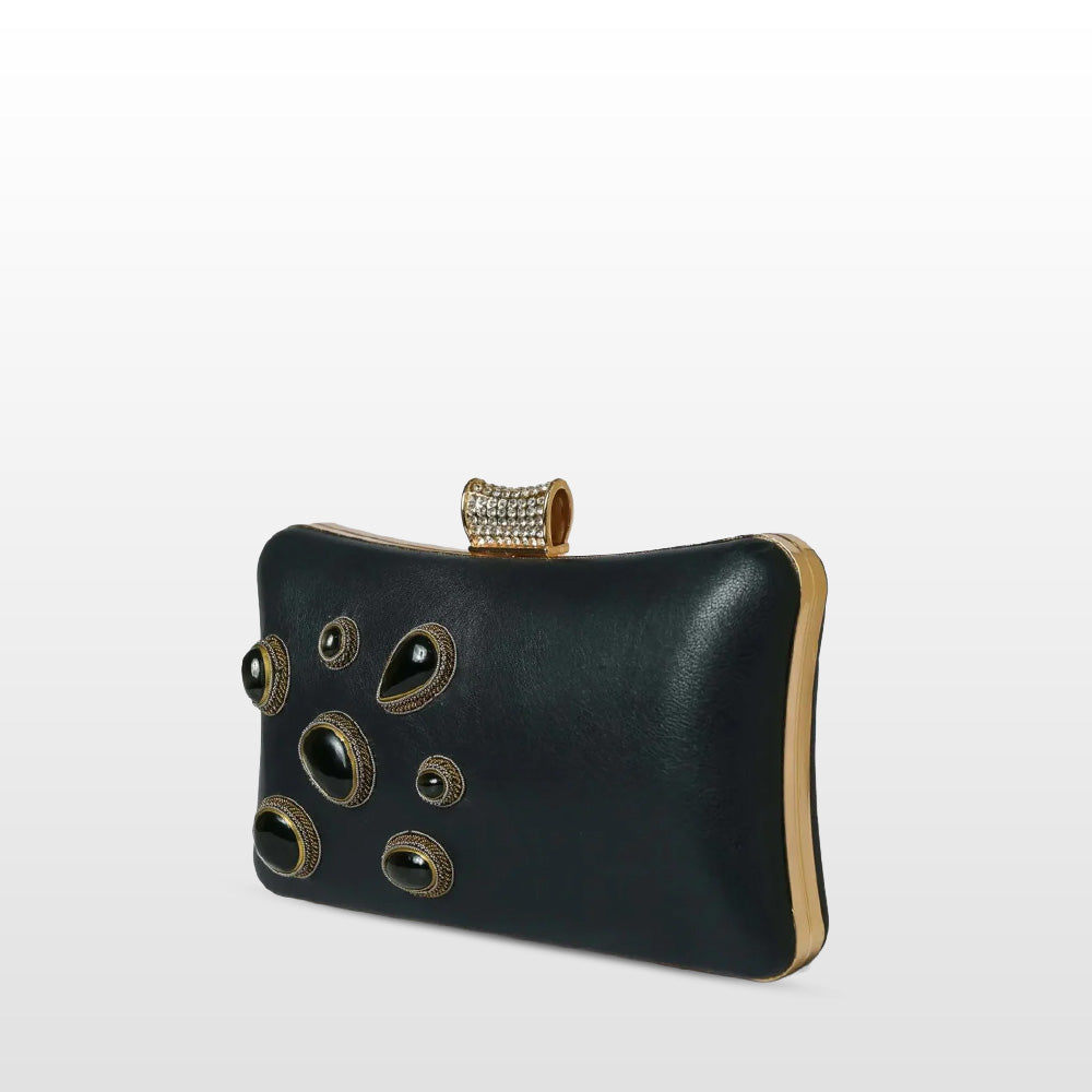 Black Rectangle Handmade Clutch Bag with Jeweled Sparkling Closure knob