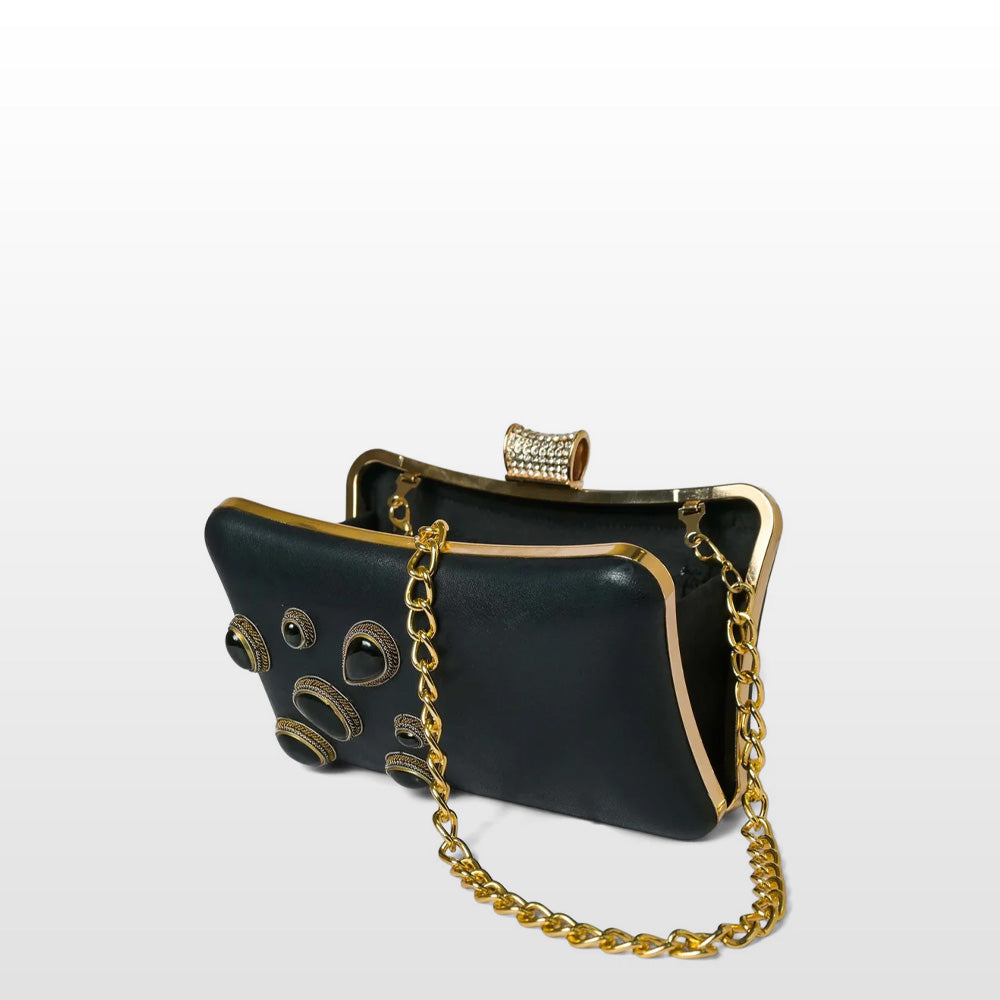 Black Rectangle Handmade Clutch Bag with Jeweled Sparkling Closure knob