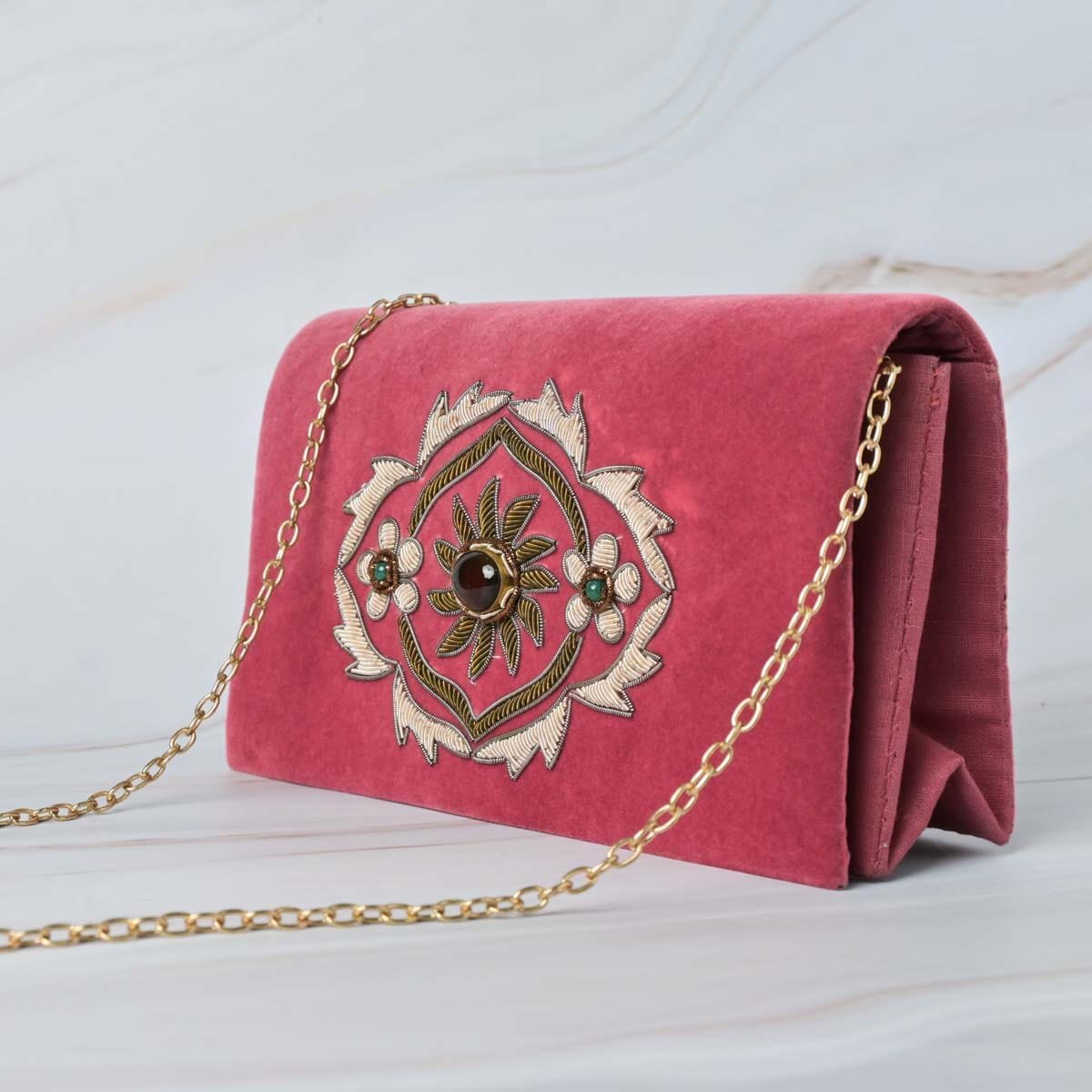 Pink Velvet Handmade Crossbody Bag, Embellished with Smoky Quartz Stones image 0