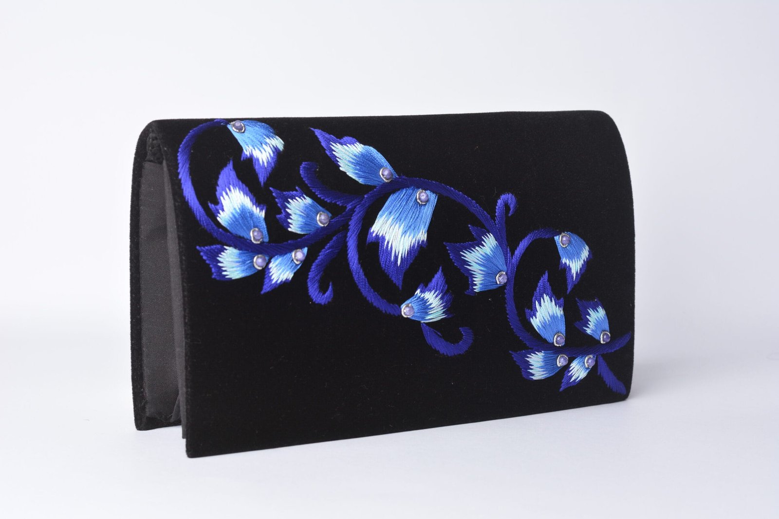 Black Velvet Handmade Crossbody Bag, Embellished with Gemstone Embroidery image 1