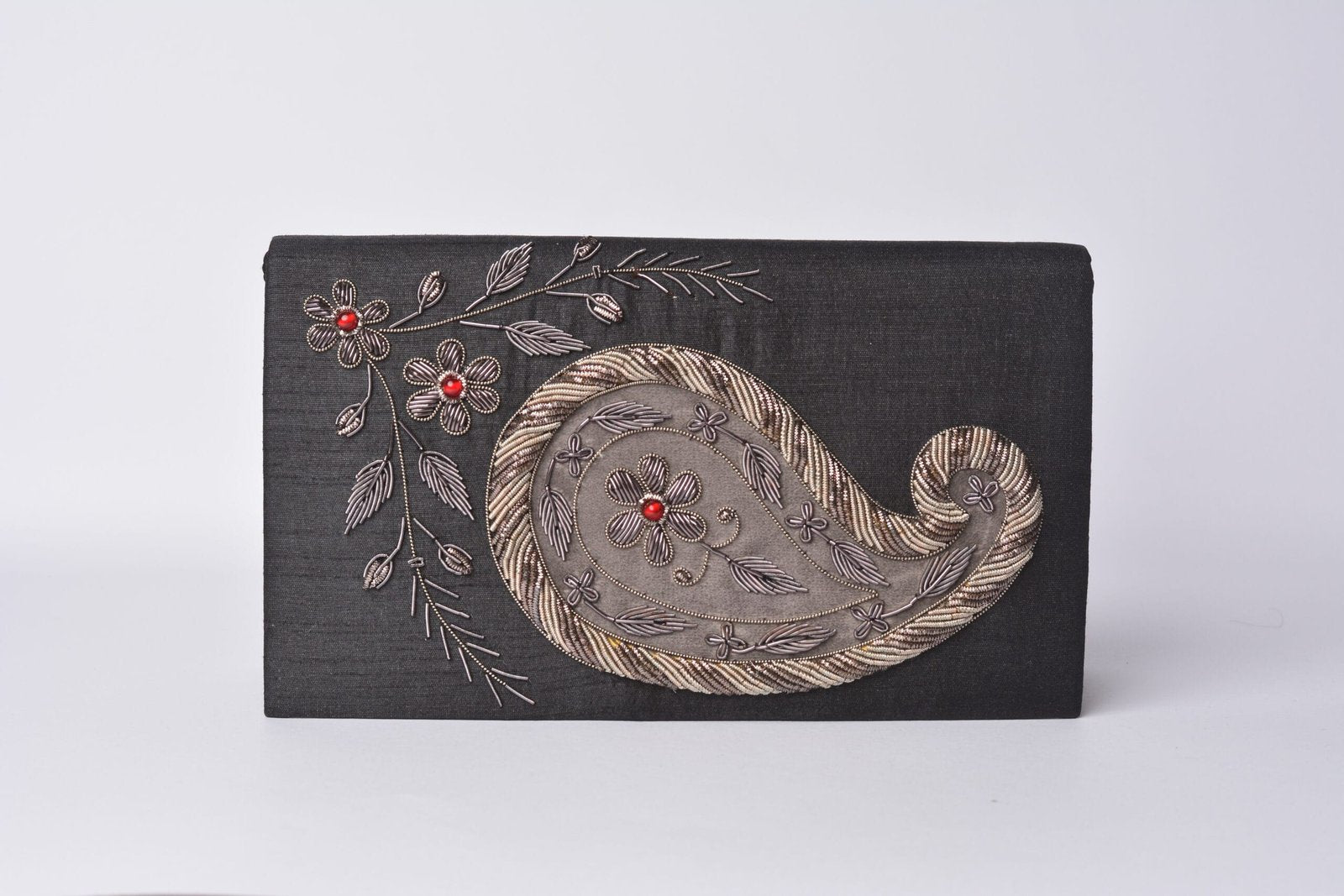 Black Silk Handmade Crossbody Bag, Embellished with Gemstone Embroidery image 1