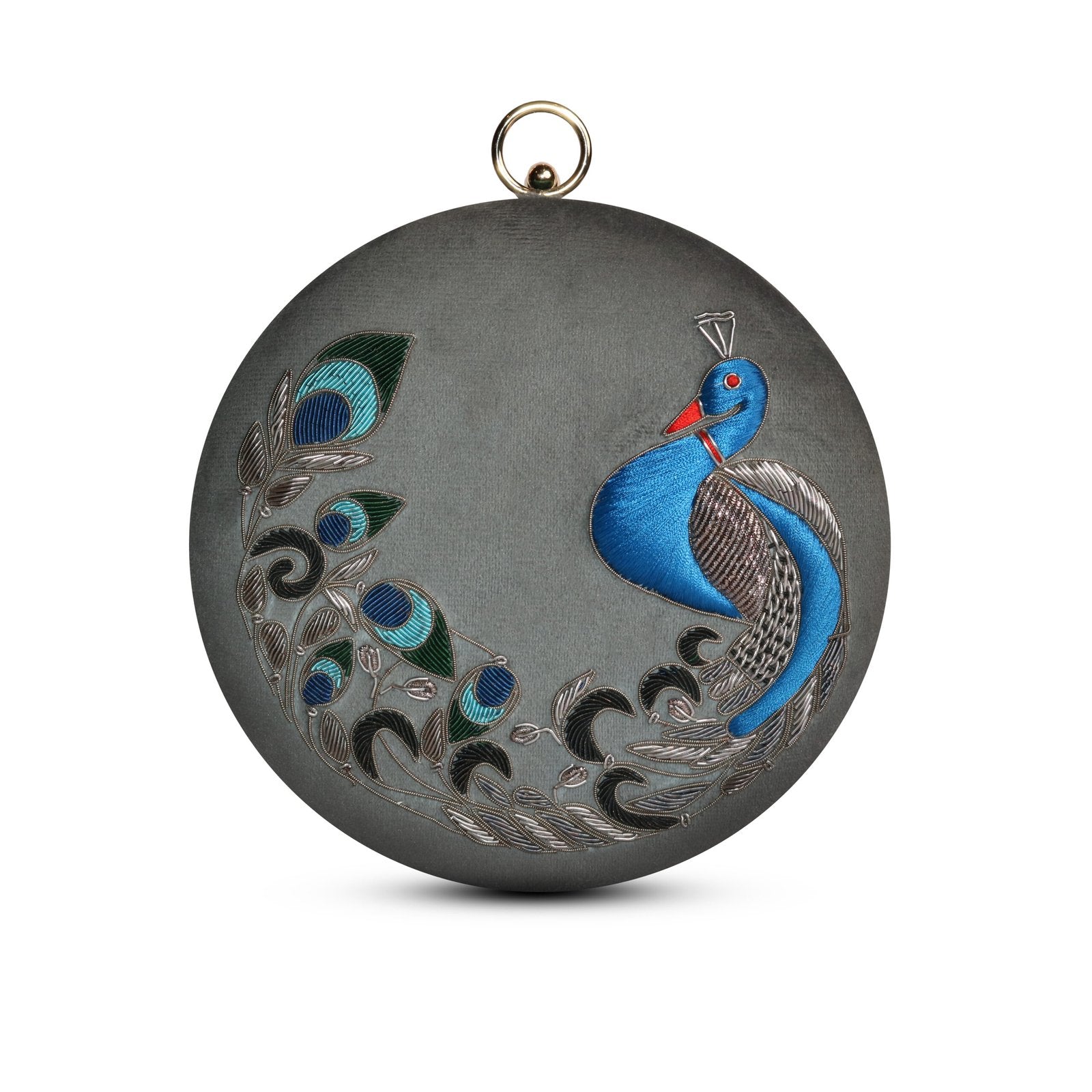 Round Handbag with Peacock Zardosi & Resham Embroidery - Grey image