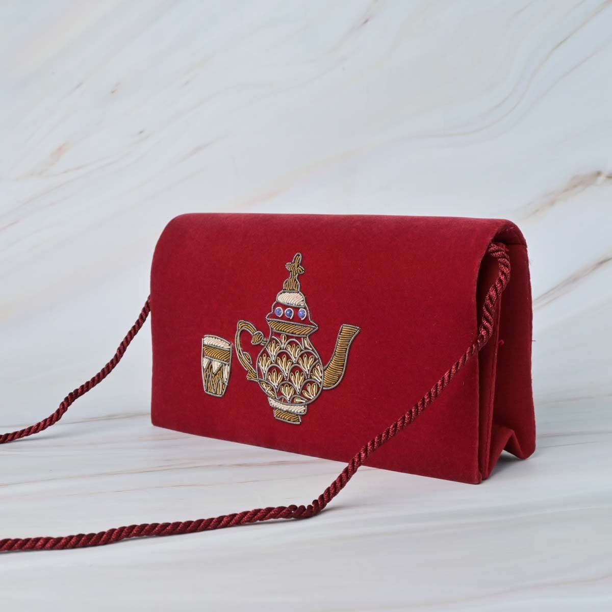 Maroon Velvet Handmade Crossbody Bag, Embellished with Embroidery Pattern image 0