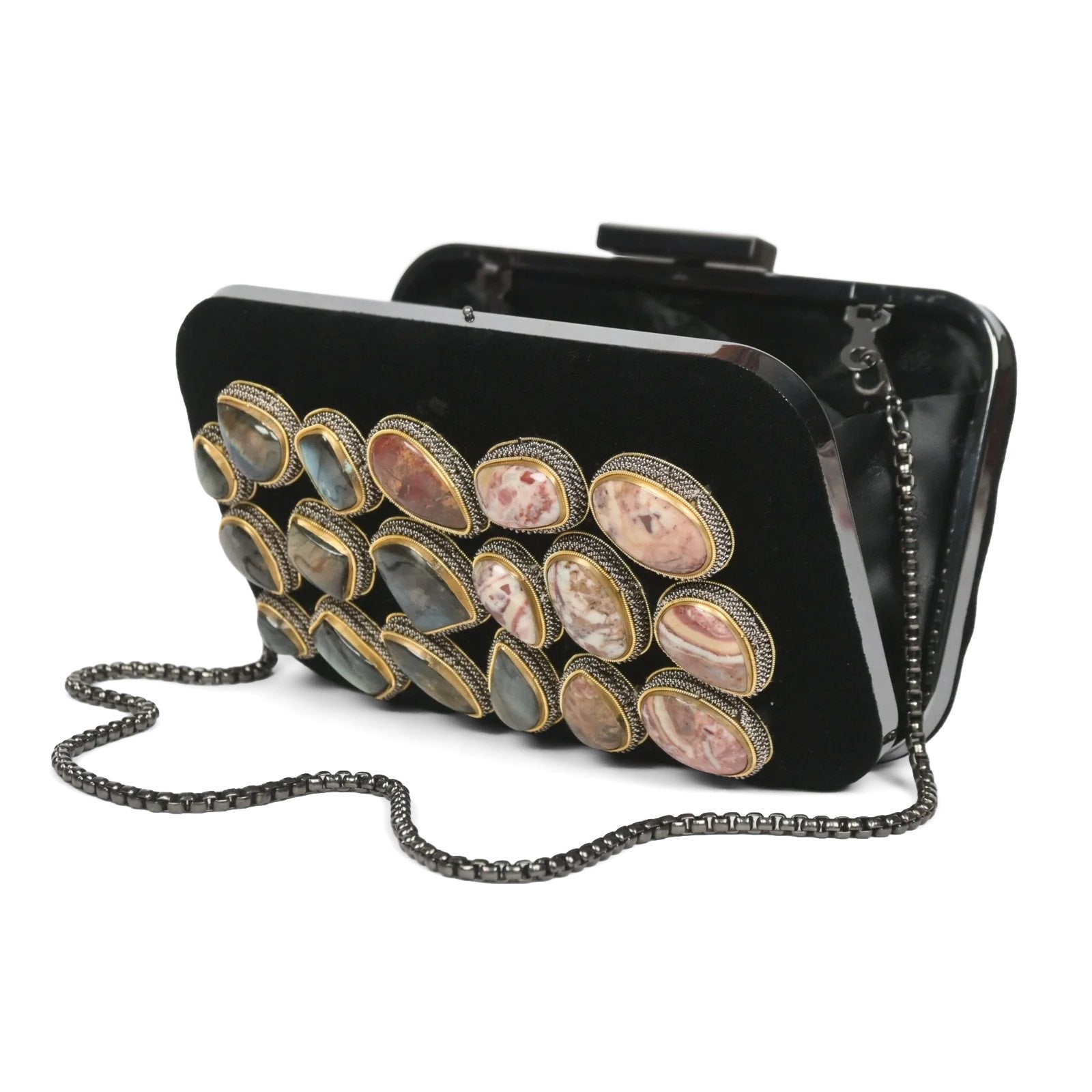 "Handmade Black Velvet Clutch: Zardosi Elegance with Agate & Labradorite Gemstones" image 3