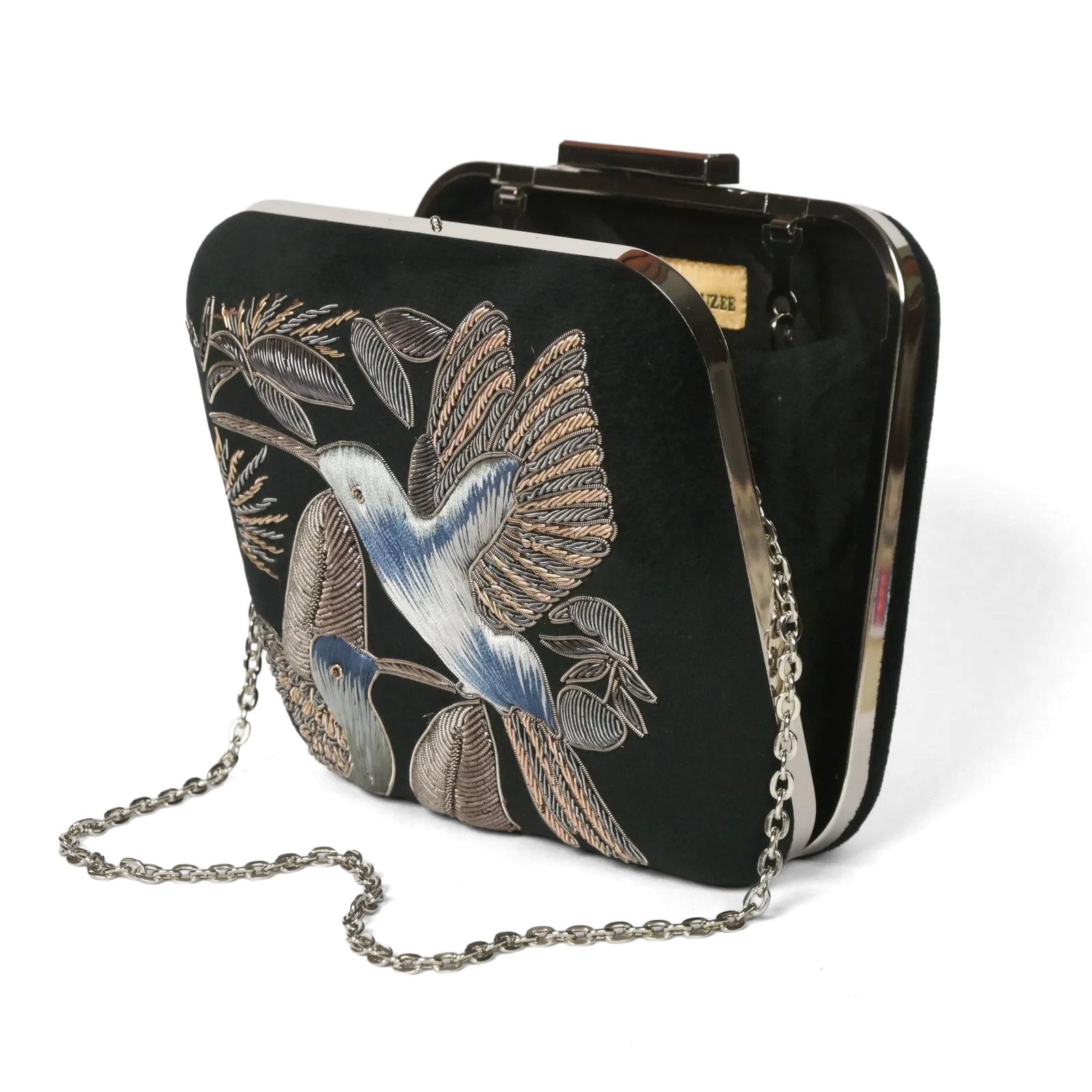 "Serenade in Black: Square Handmade Black Velvet Clutch with Zardosi Birds" image 3