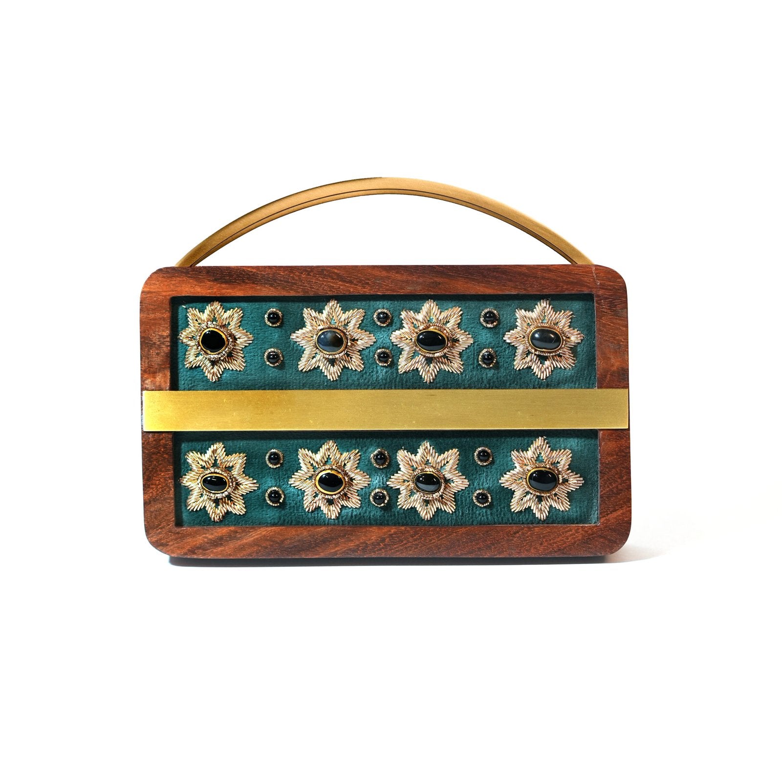 Elegant Embellished Wooden Clutch Purse with Exquisite Zardosi Art - Green image