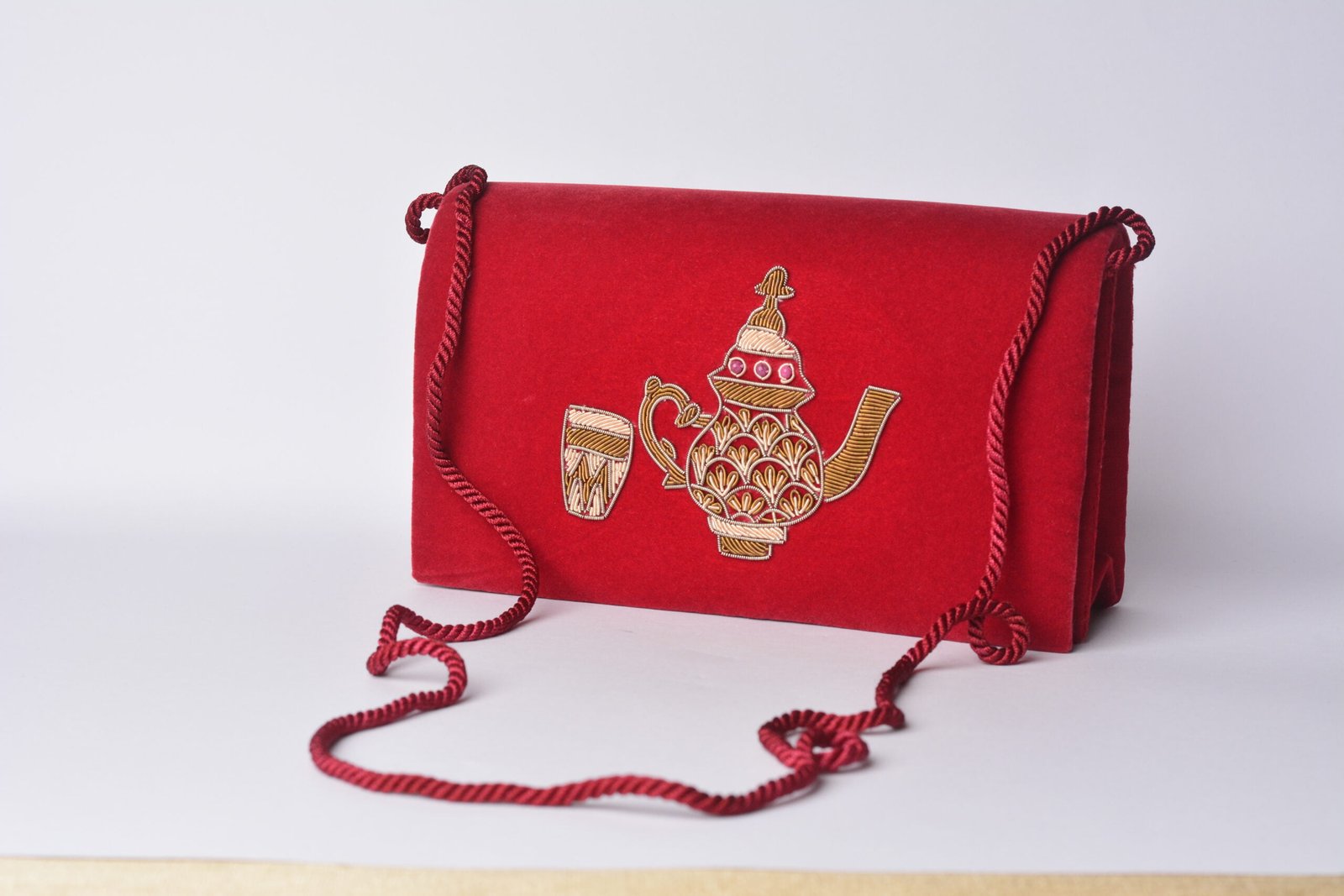 Maroon Velvet Handmade Crossbody Bag, Embellished with Embroidery image 0