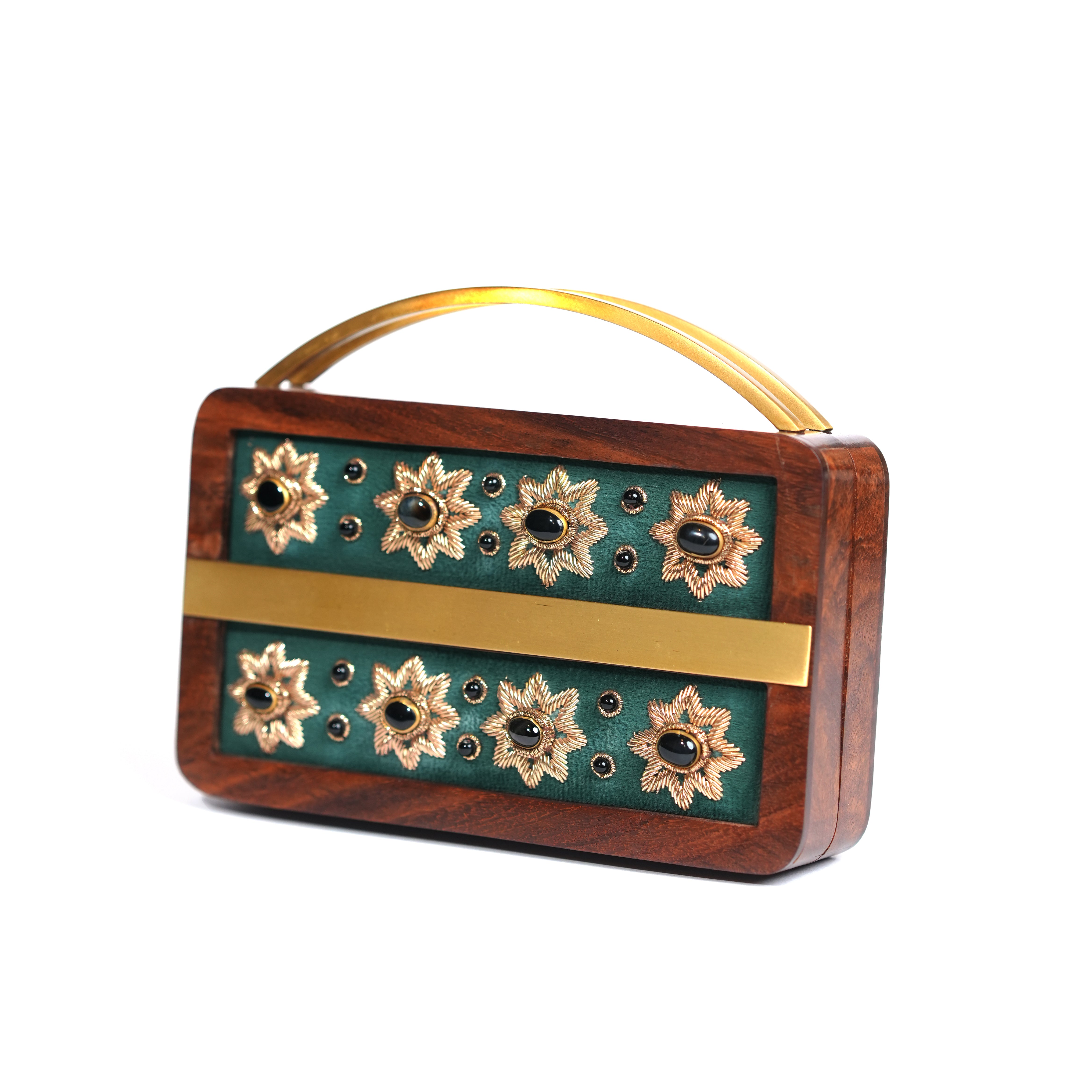 Elegant Embellished Wooden Clutch Purse with Exquisite Zardosi Art