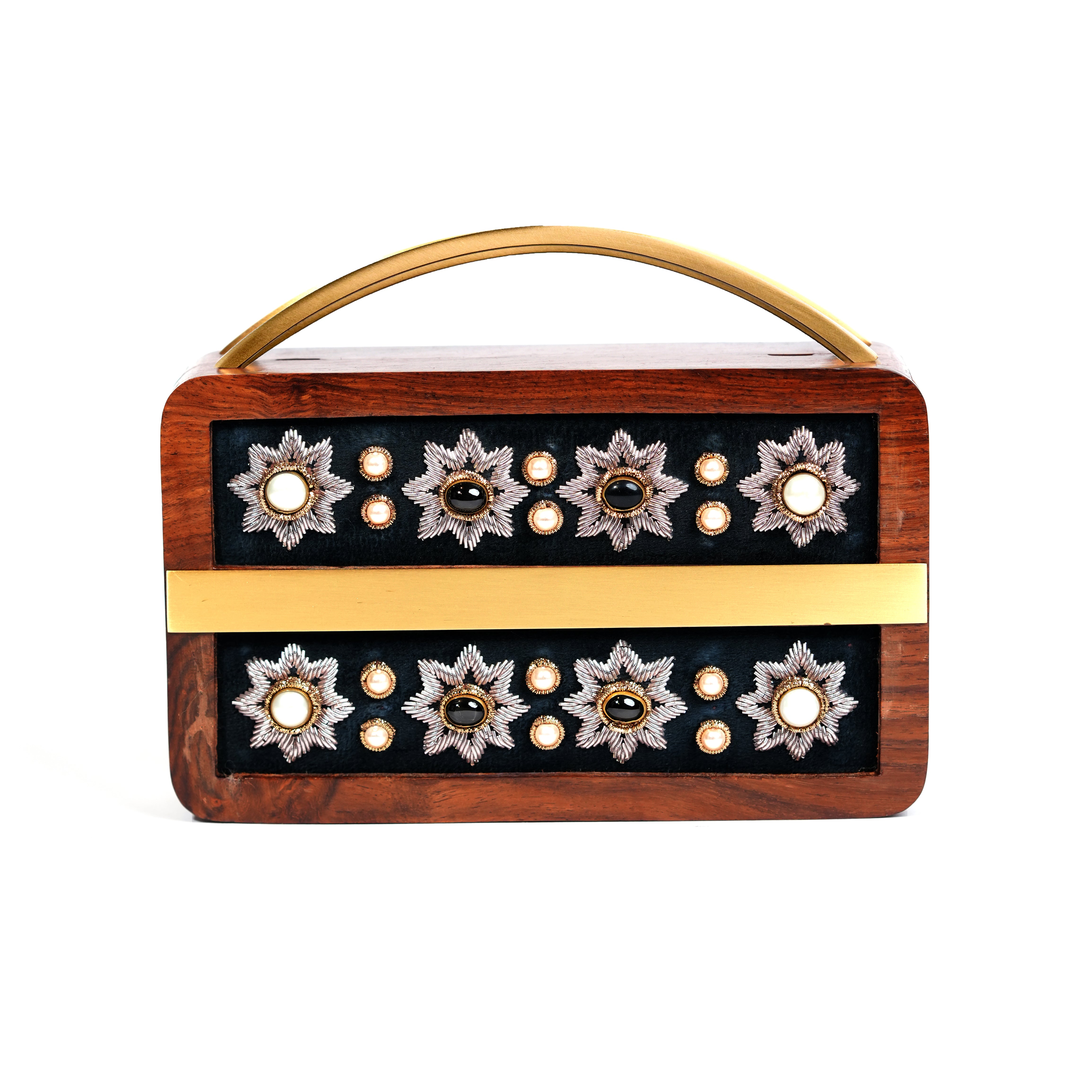 Elegant Embellished Wooden Clutch Purse with Exquisite Zardosi Art