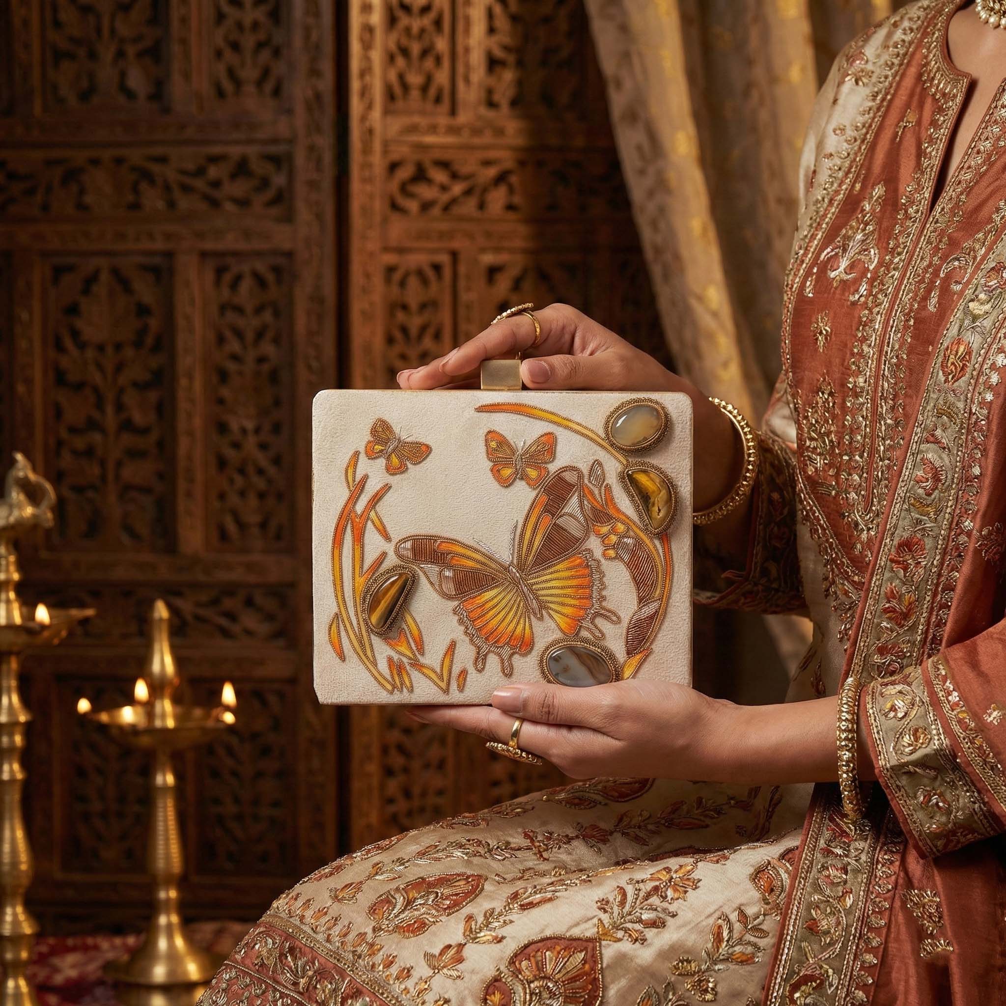 Hand-Embroidered Butterfly Velvet Clutch