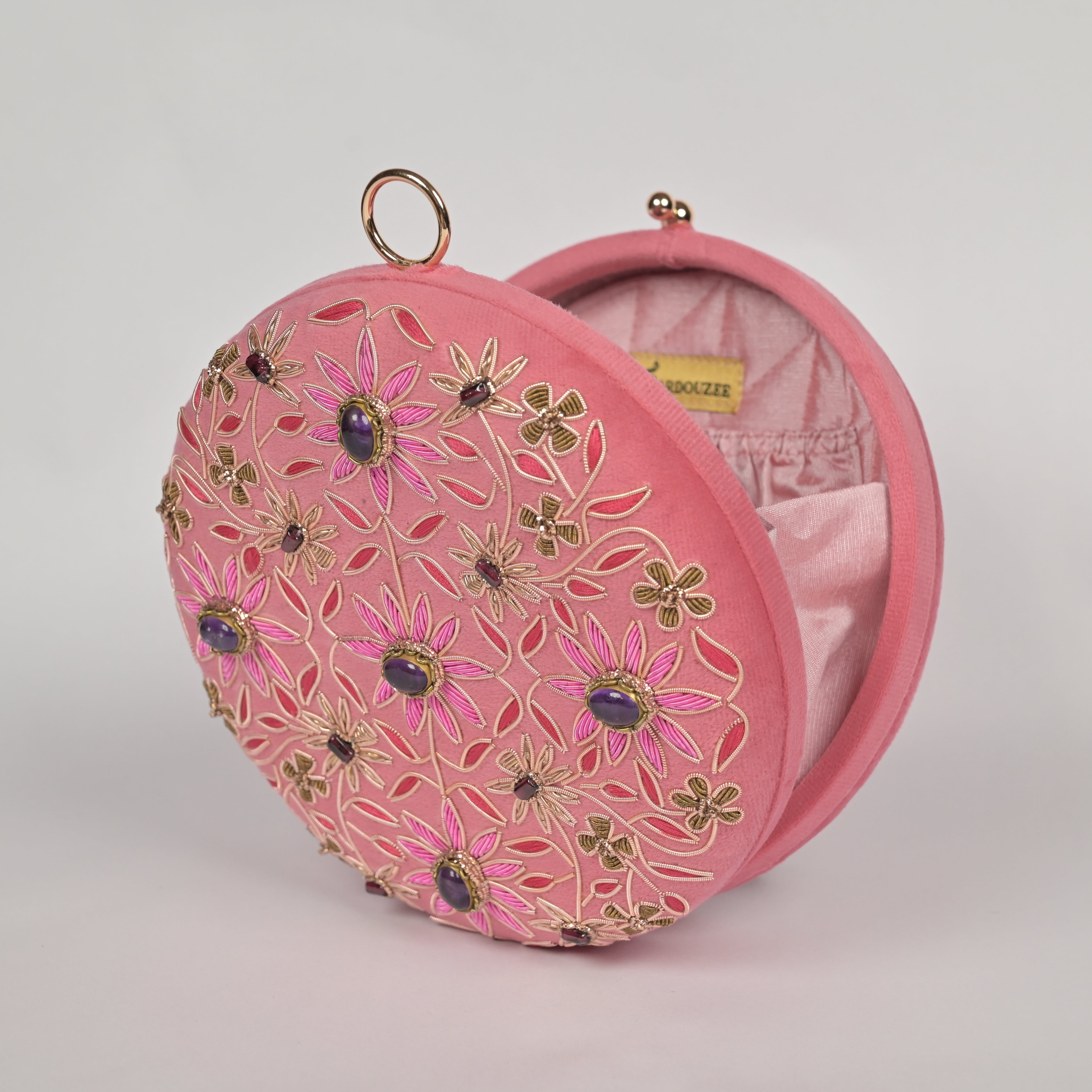 Regal Bloom Round Clutch – Onyx Black Velvet