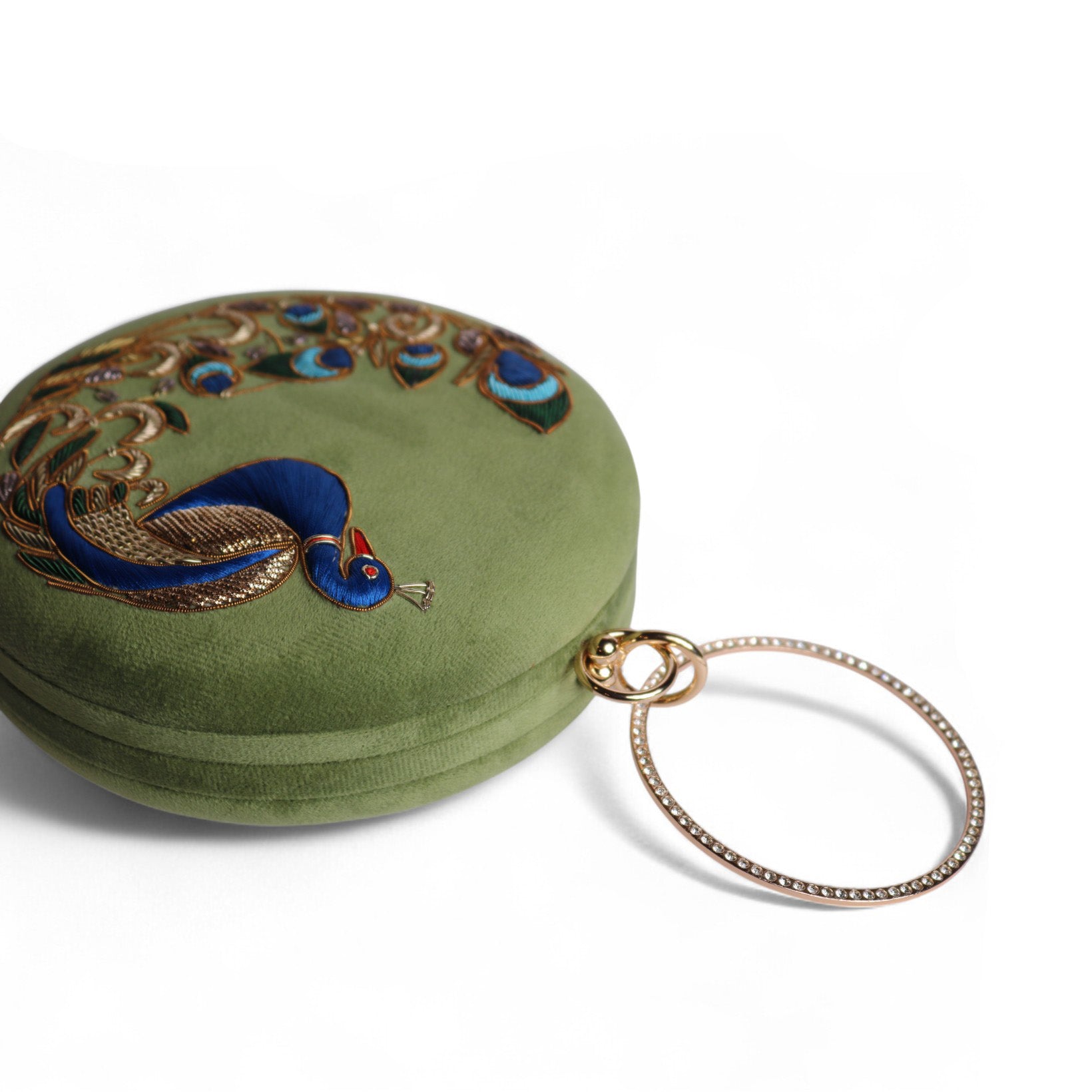 Peacock Embellished Evening Clutch – Handmade Luxury Velvet Bag with Crystal Zardosi Work | Featured in NYFW