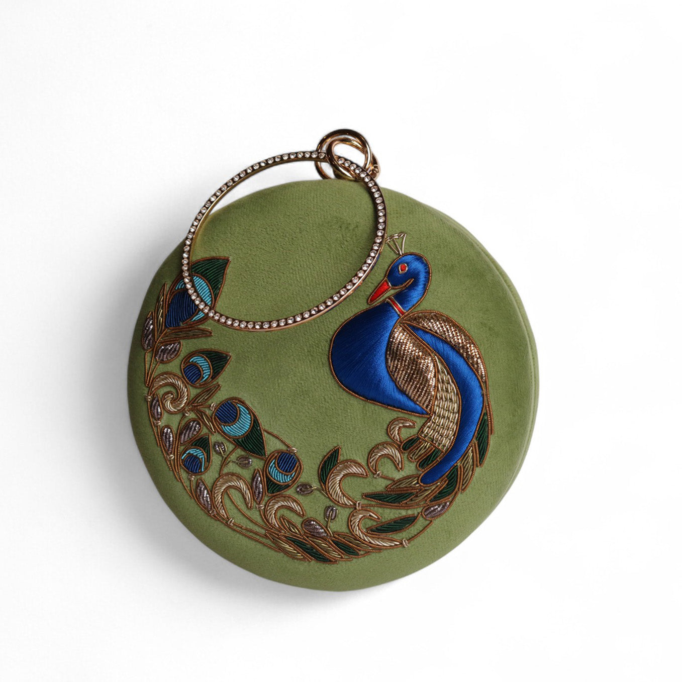 Peacock Embellished Evening Clutch – Handmade Luxury Velvet Bag with Crystal Zardosi Work | Featured in NYFW