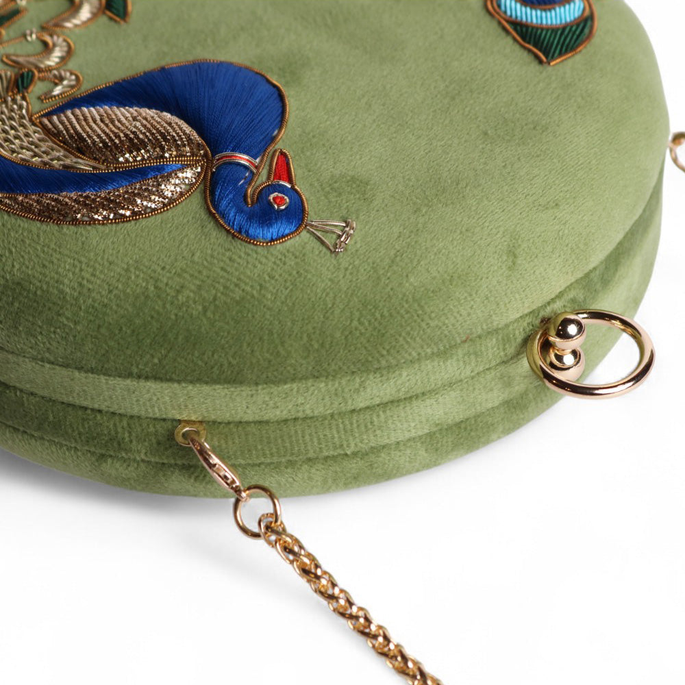 Peacock Embellished Evening Clutch – Handmade Luxury Velvet Bag with Crystal Zardosi Work | Featured in NYFW