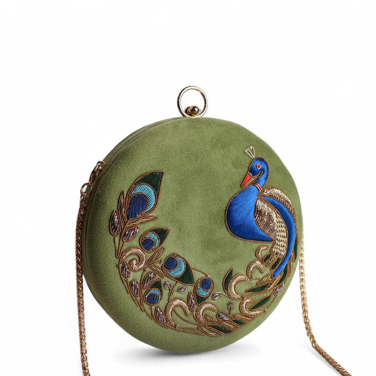 Peacock Embellished Evening Clutch – Handmade Luxury Velvet Bag with Crystal Zardosi Work | Featured in NYFW