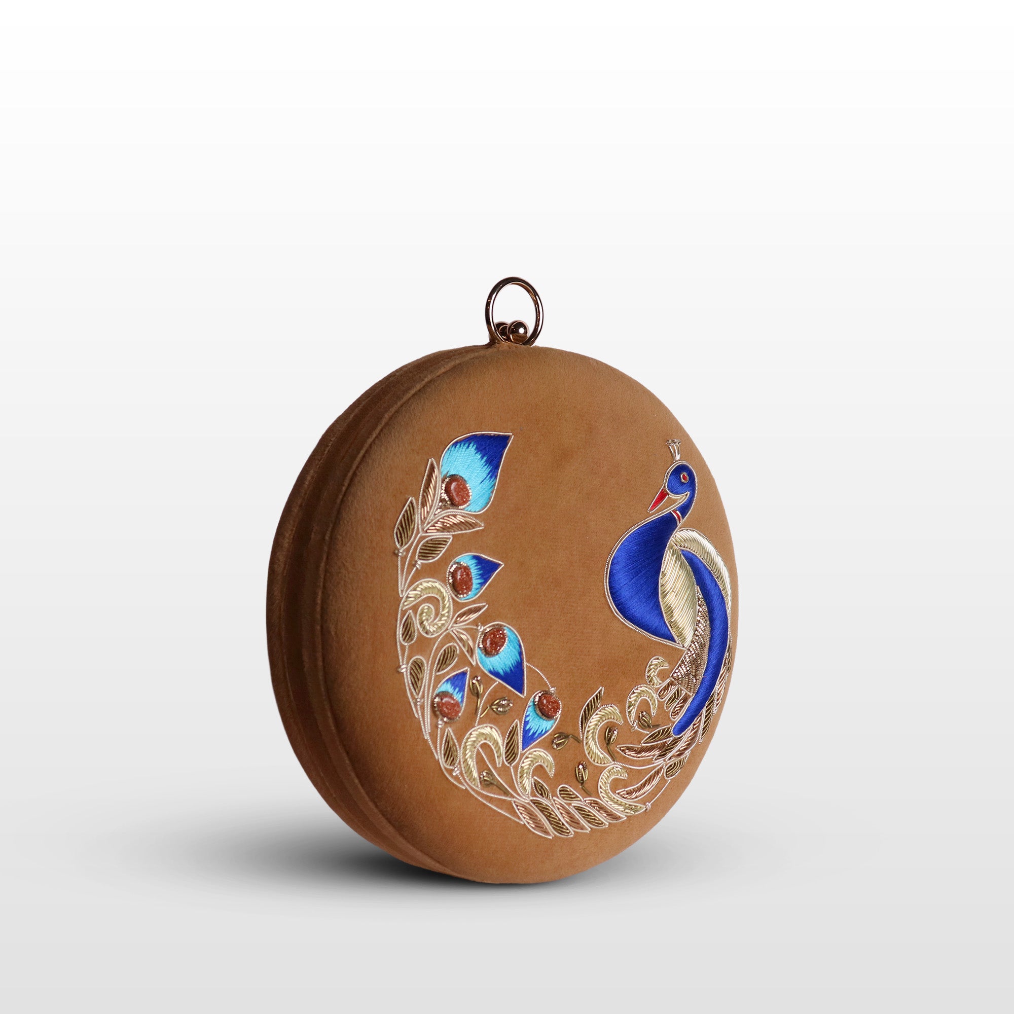 Peacock Embellished Evening Clutch – Handmade Luxury Velvet Bag with Crystal Zardosi Work | Featured in NYFW