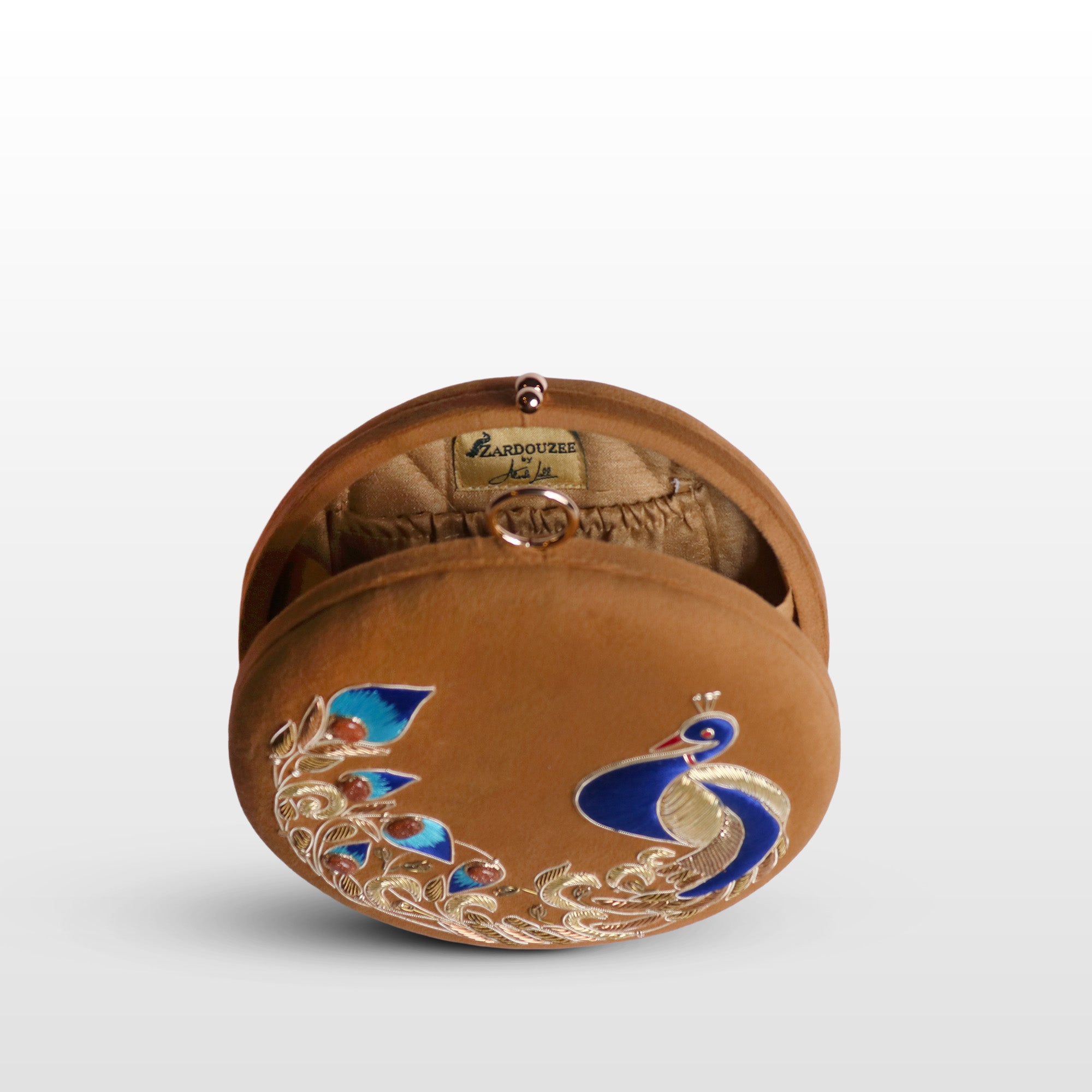 Peacock Embellished Evening Clutch – Handmade Luxury Velvet Bag with Crystal Zardosi Work | Featured in NYFW