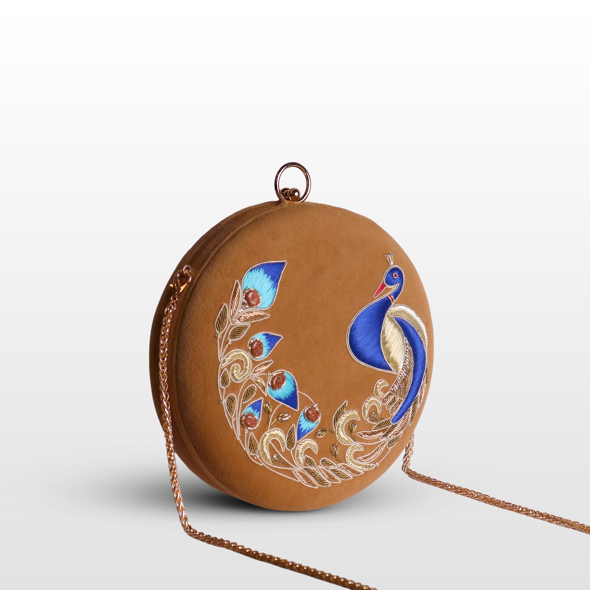 Peacock Embellished Evening Clutch – Handmade Luxury Velvet Bag with Crystal Zardosi Work | Featured in NYFW