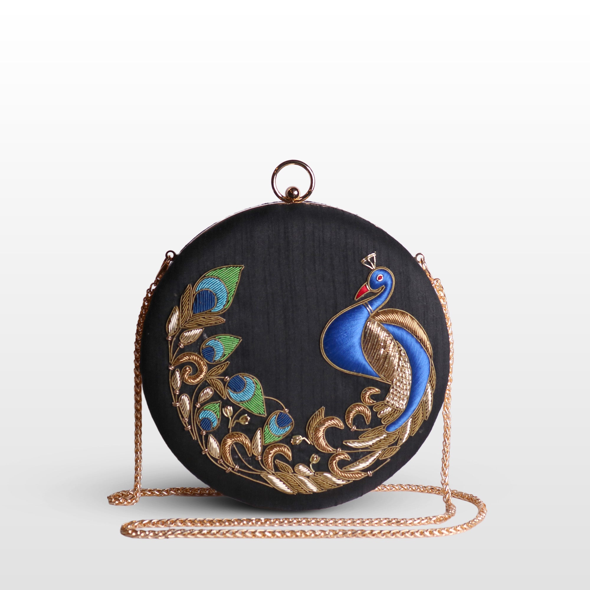 Peacock Embellished Evening Clutch – Handmade Luxury Velvet Bag with Crystal Zardosi Work | Featured in NYFW