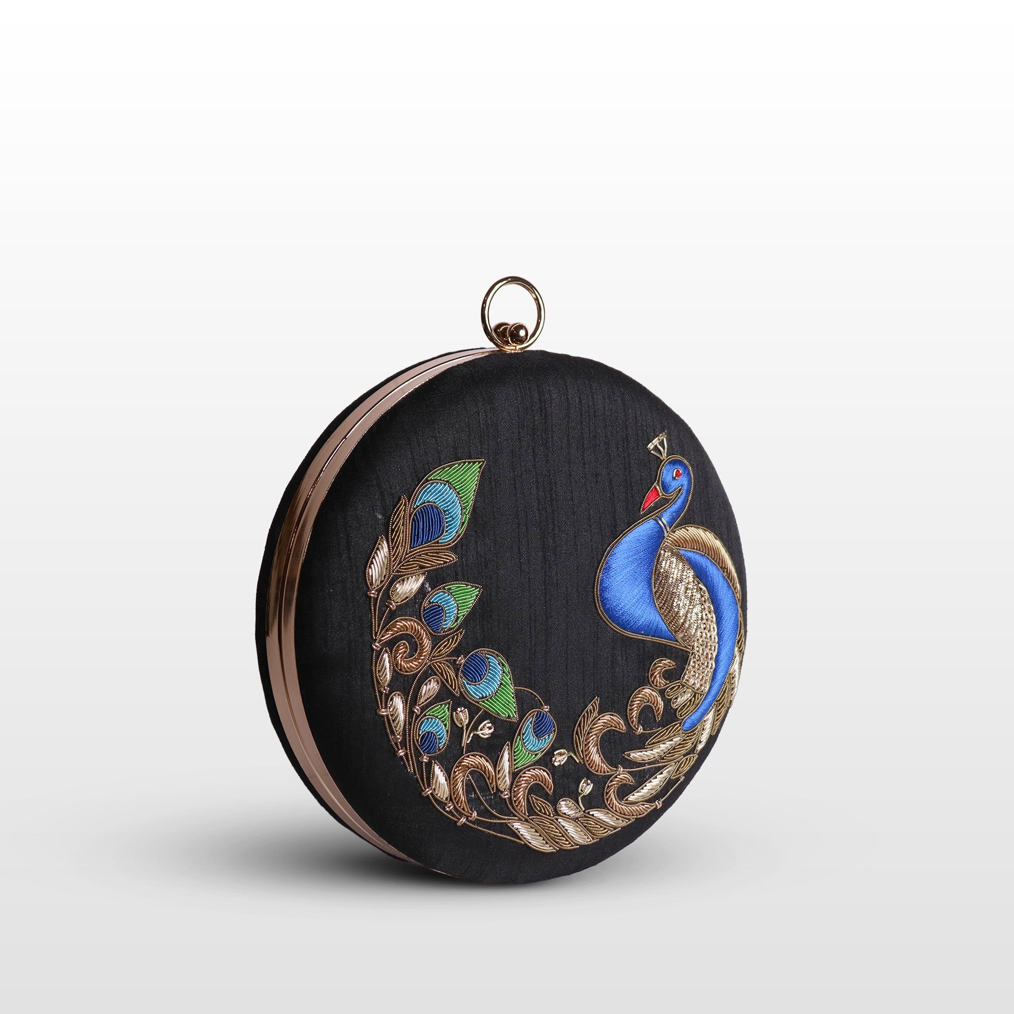 Peacock Embellished Evening Clutch – Handmade Luxury Velvet Bag with Crystal Zardosi Work | Featured in NYFW