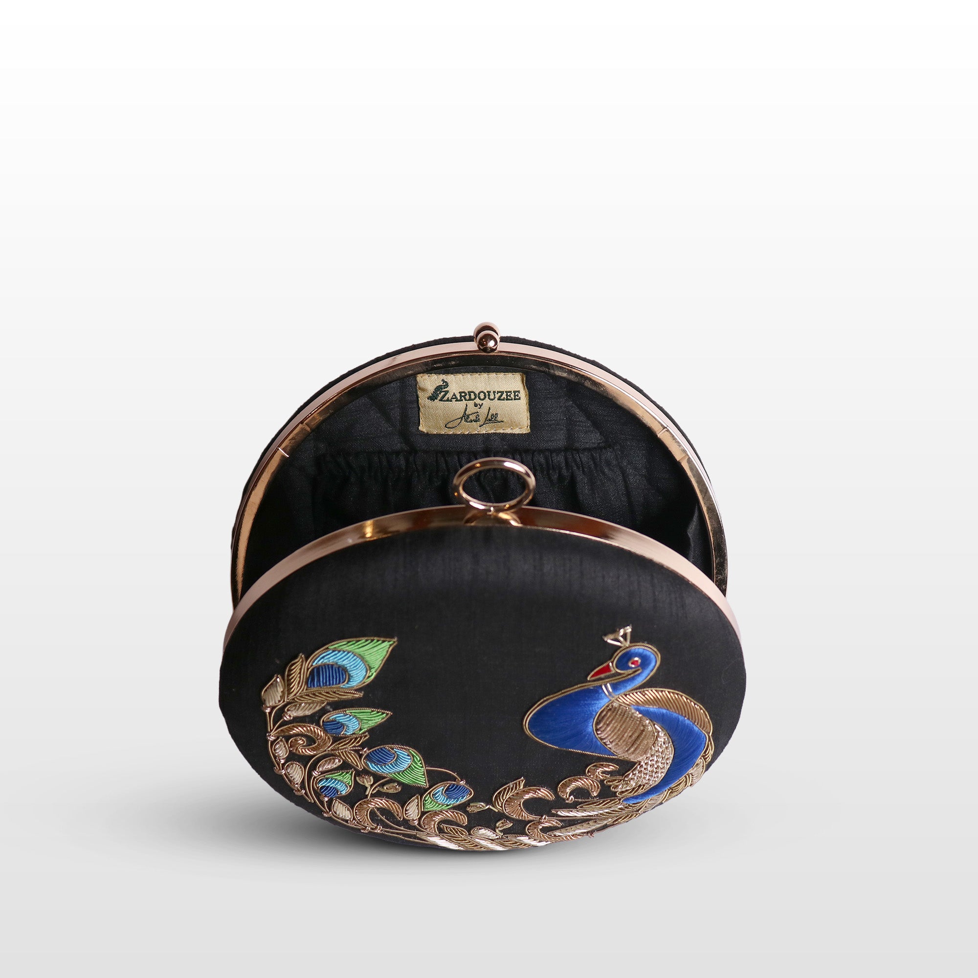 Peacock Embellished Evening Clutch – Handmade Luxury Velvet Bag with Crystal Zardosi Work | Featured in NYFW