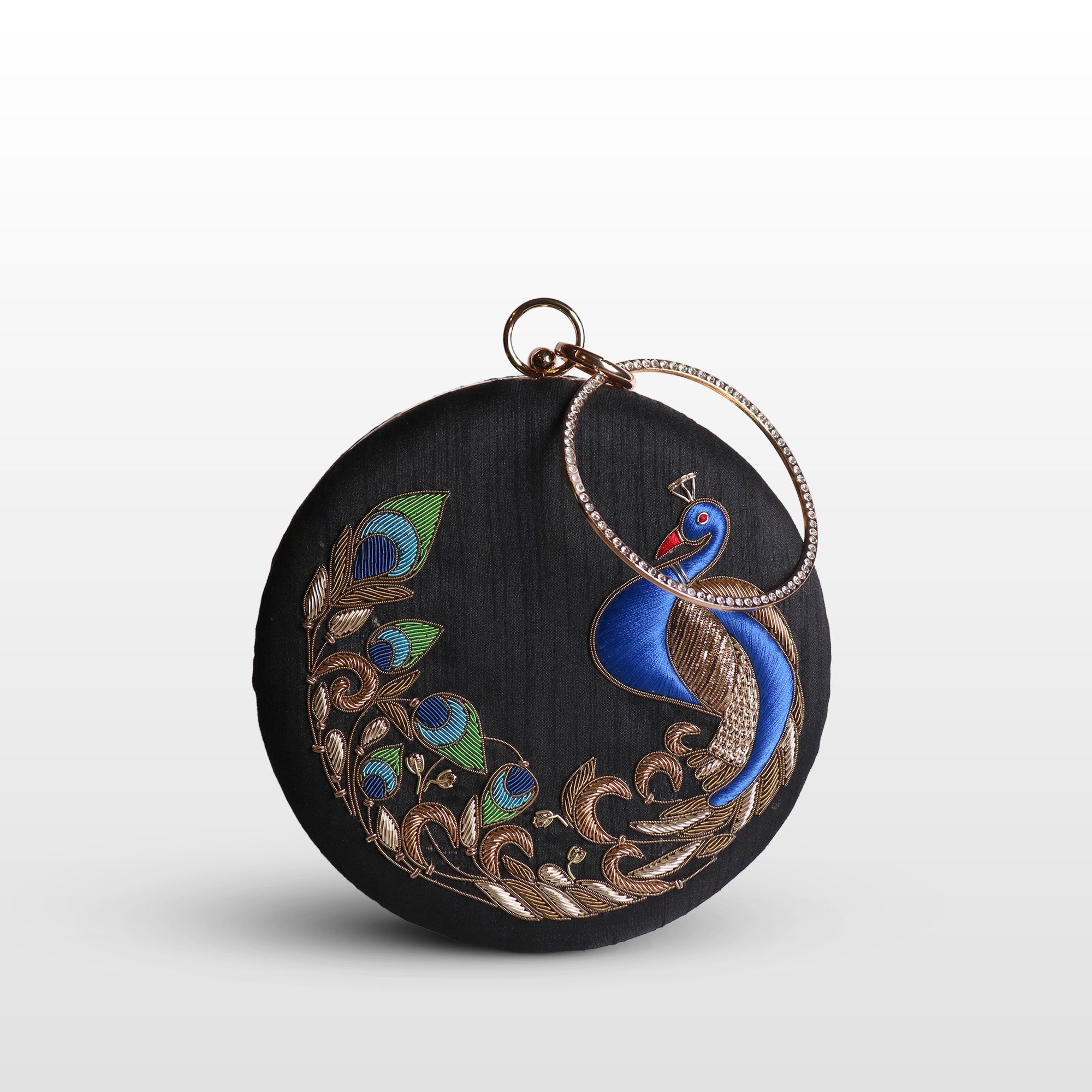 Peacock Embellished Evening Clutch – Handmade Luxury Velvet Bag with Crystal Zardosi Work | Featured in NYFW