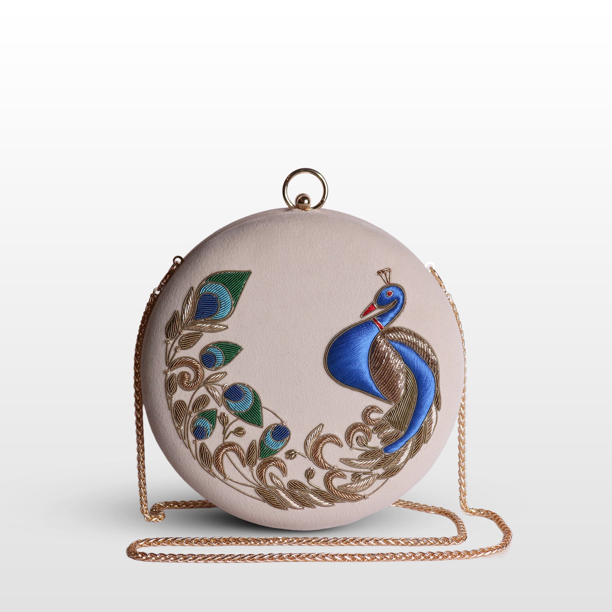 Peacock Embellished Evening Clutch – Handmade Luxury Velvet Bag with Crystal Zardosi Work | Featured in NYFW