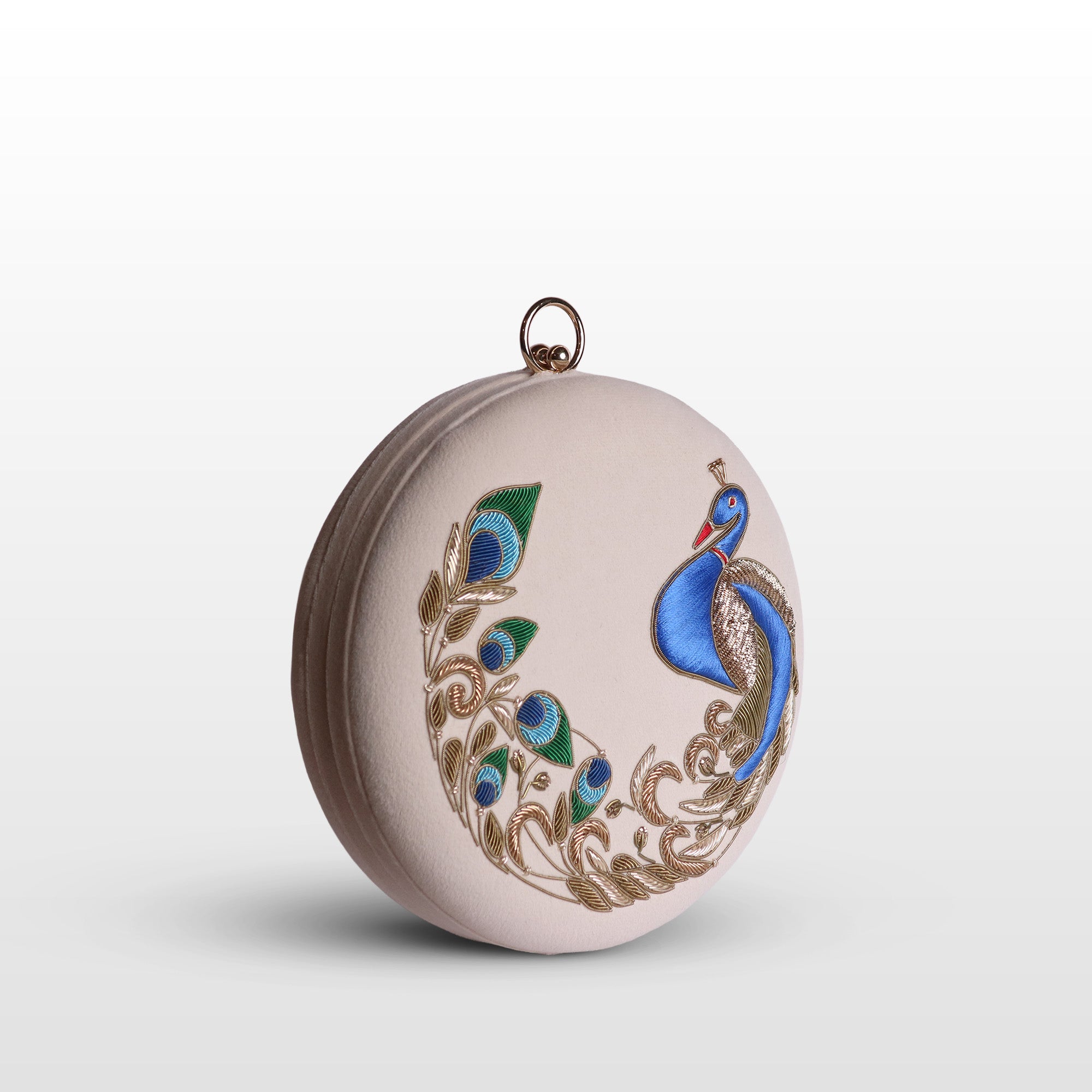 Peacock Embellished Evening Clutch – Handmade Luxury Velvet Bag with Crystal Zardosi Work | Featured in NYFW