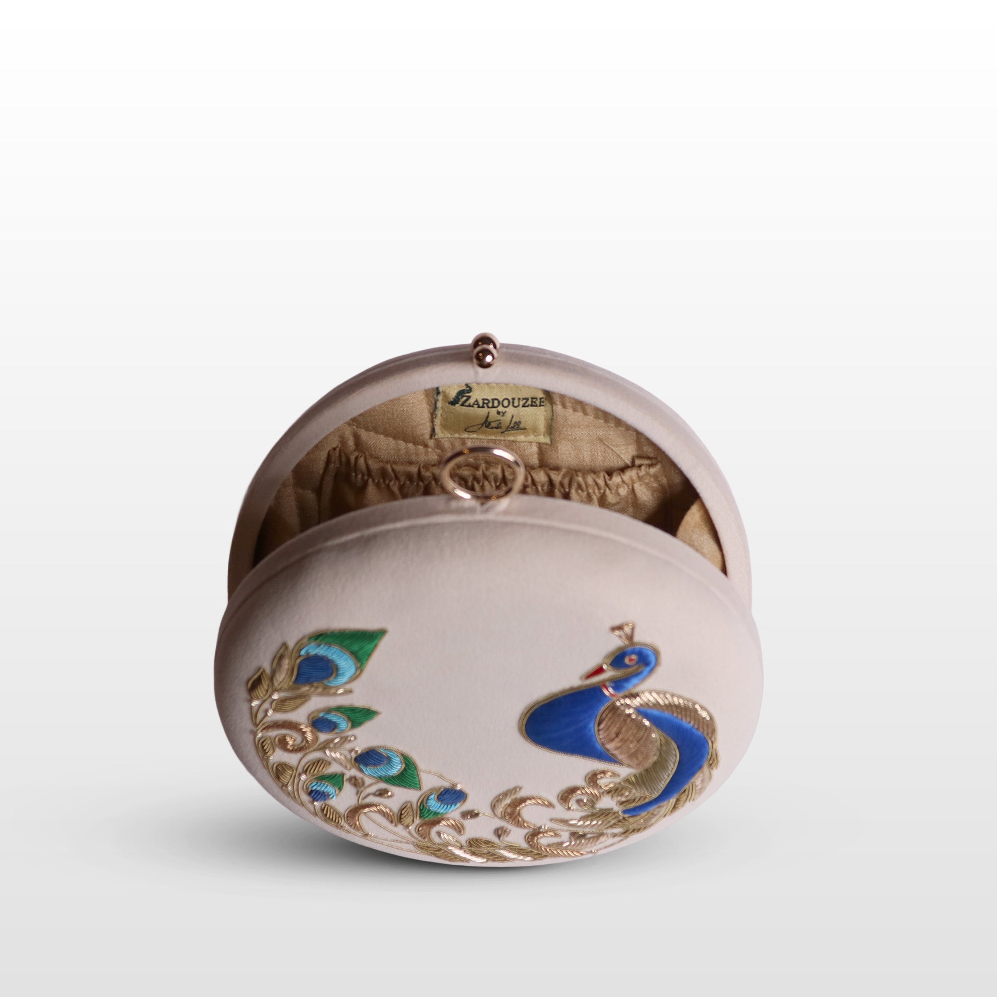 Peacock Embellished Evening Clutch – Handmade Luxury Velvet Bag with Crystal Zardosi Work | Featured in NYFW