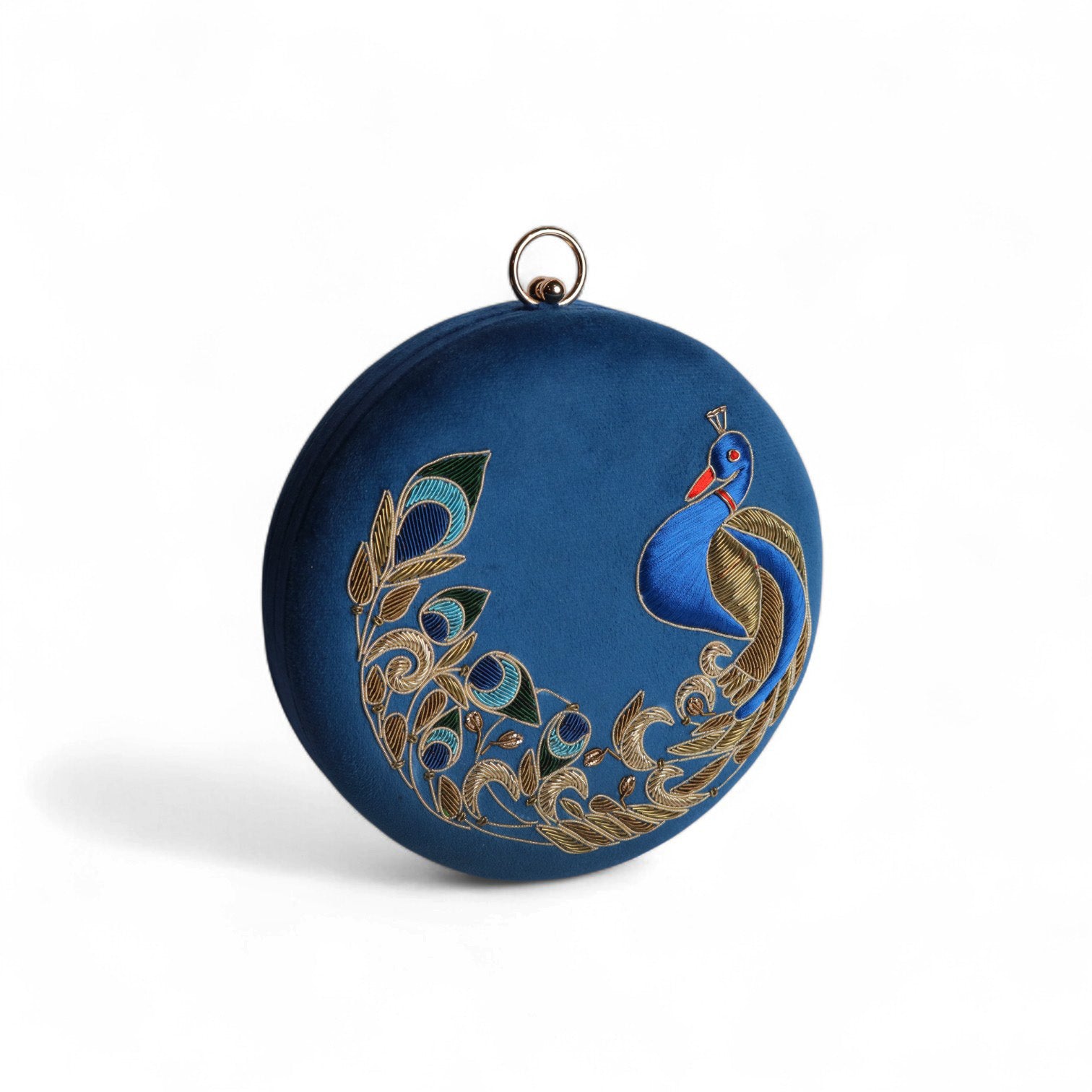 Peacock Embellished Evening Clutch – Handmade Luxury Velvet Bag with Crystal Zardosi Work | Featured in NYFW