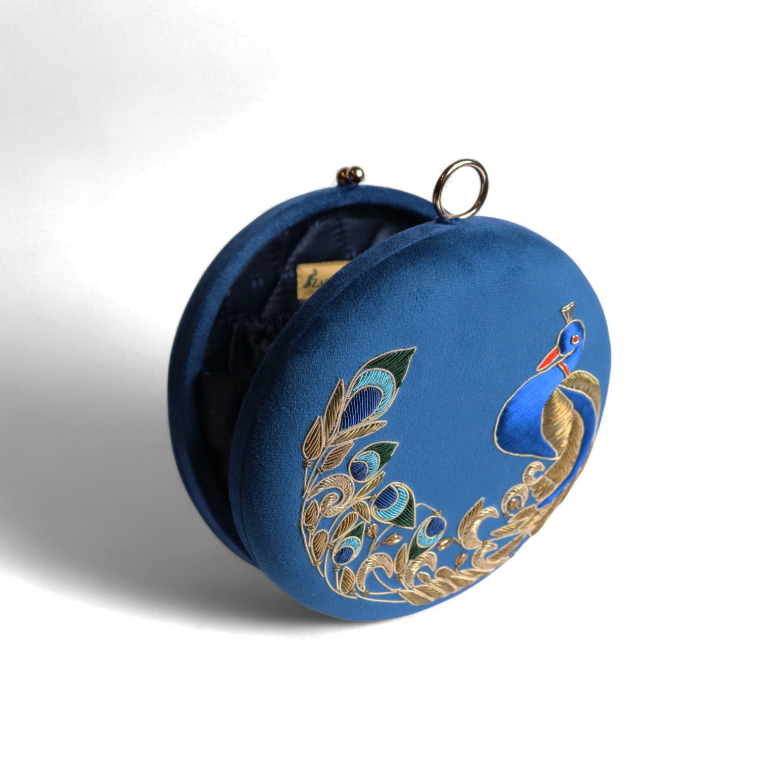 Peacock Embellished Evening Clutch – Handmade Luxury Velvet Bag with Crystal Zardosi Work | Featured in NYFW
