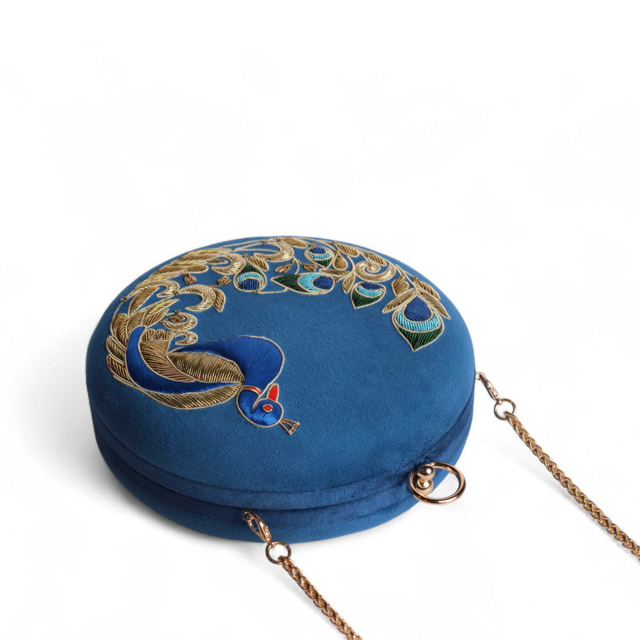 Peacock Embellished Evening Clutch – Handmade Luxury Velvet Bag with Crystal Zardosi Work | Featured in NYFW