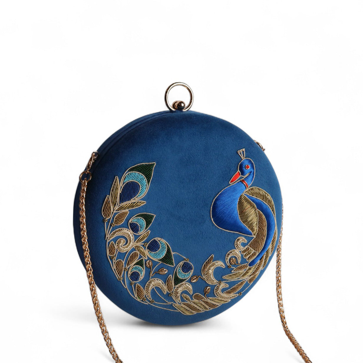 Peacock Embellished Evening Clutch – Handmade Luxury Velvet Bag with Crystal Zardosi Work | Featured in NYFW