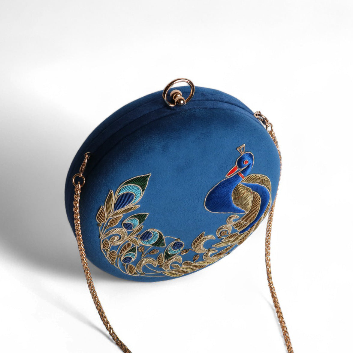 Peacock Embellished Evening Clutch – Handmade Luxury Velvet Bag with Crystal Zardosi Work | Featured in NYFW