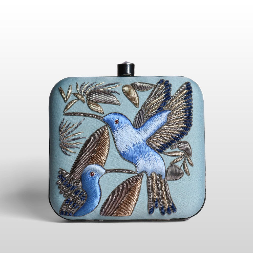 Serenade: Square Handmade Velvet Clutch with Zardosi Birds
