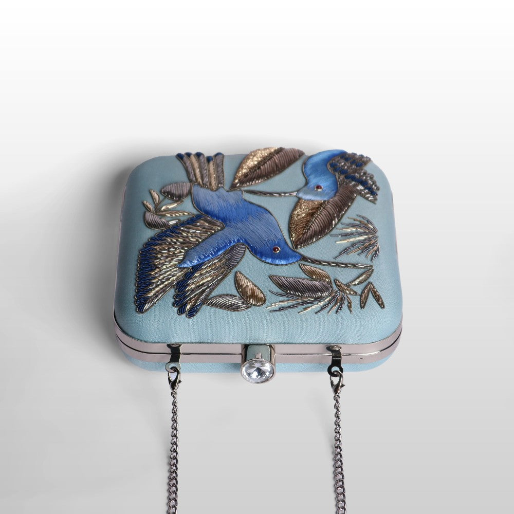 Serenade: Square Handmade Velvet Clutch with Zardosi Birds