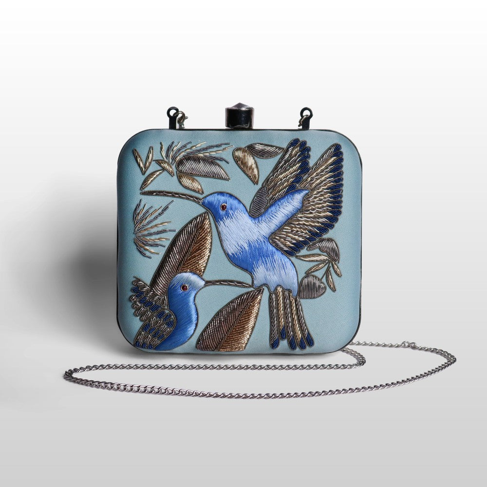 Serenade: Square Handmade Velvet Clutch with Zardosi Birds