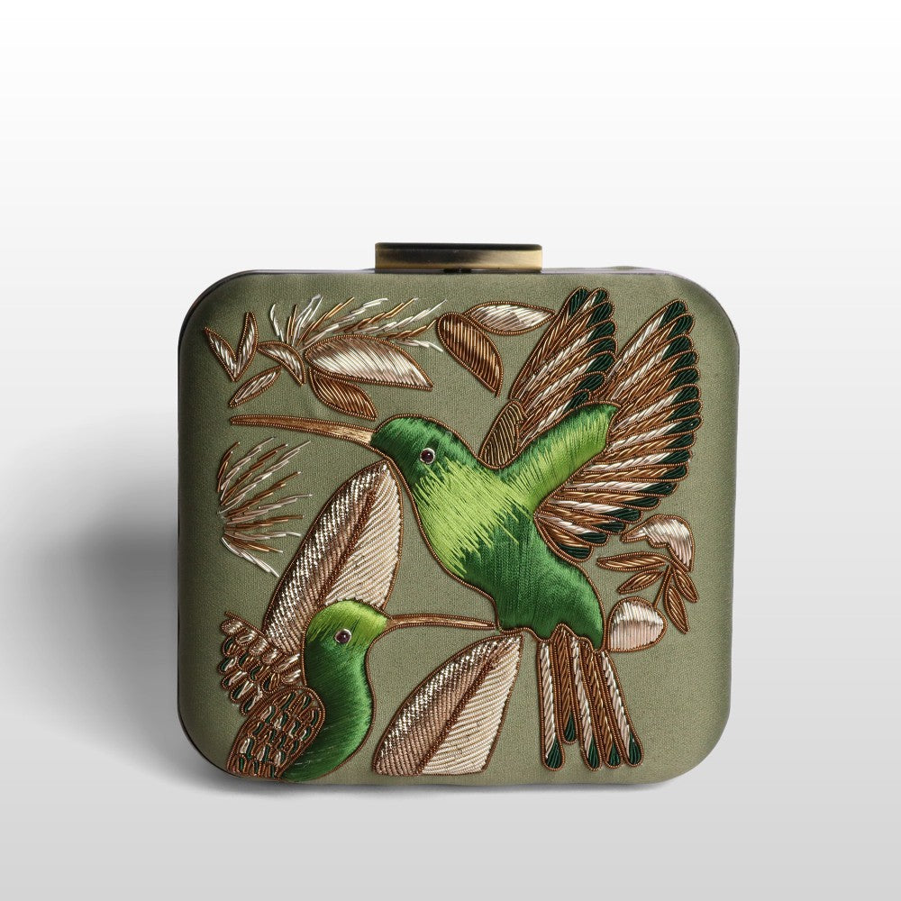 Serenade: Square Handmade Velvet Clutch with Zardosi Birds