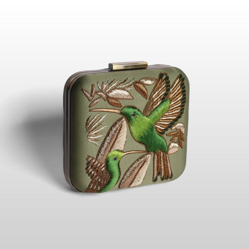 Serenade: Square Handmade Velvet Clutch with Zardosi Birds