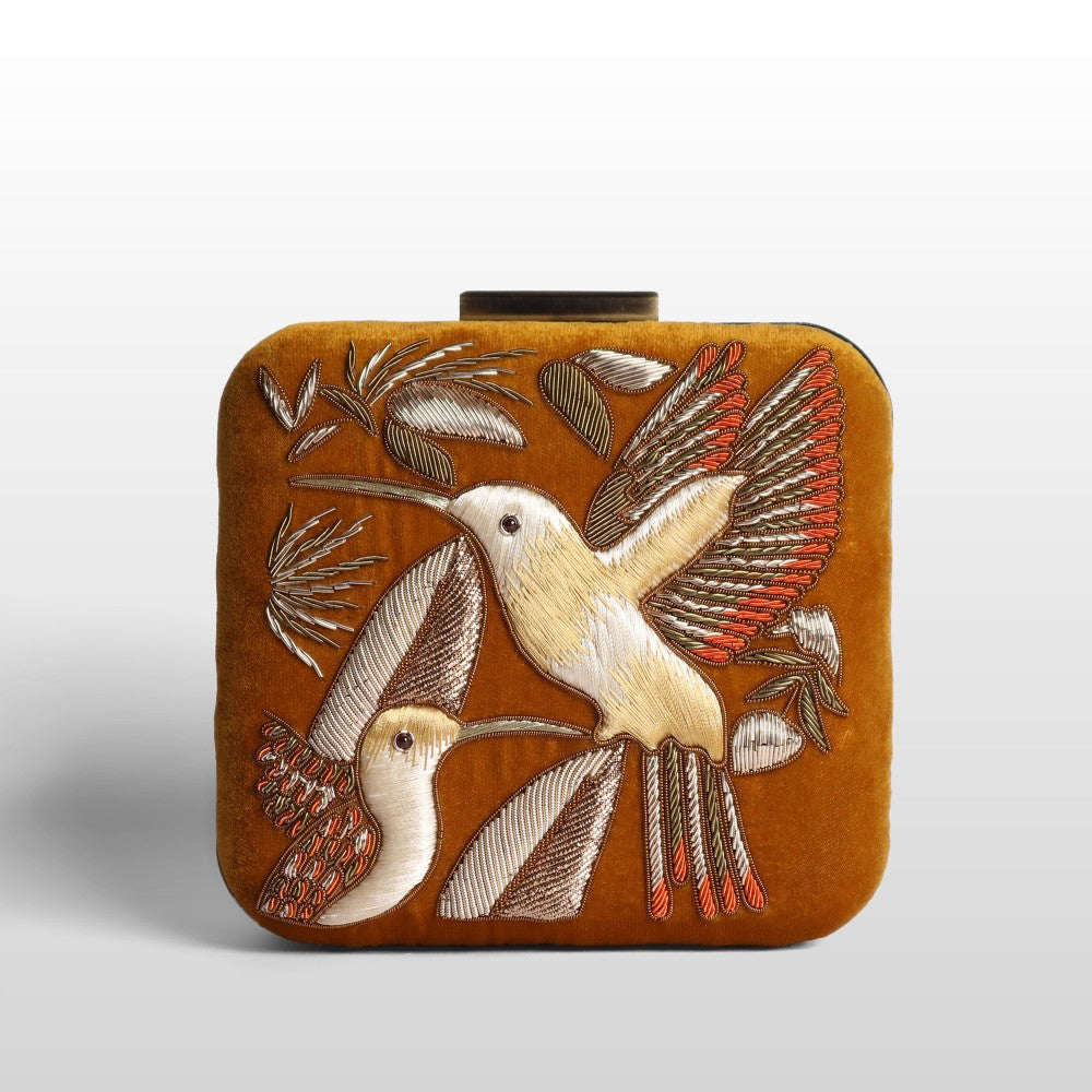 Serenade: Square Handmade Velvet Clutch with Zardosi Birds