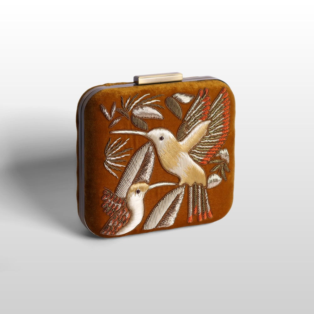 Serenade: Square Handmade Velvet Clutch with Zardosi Birds