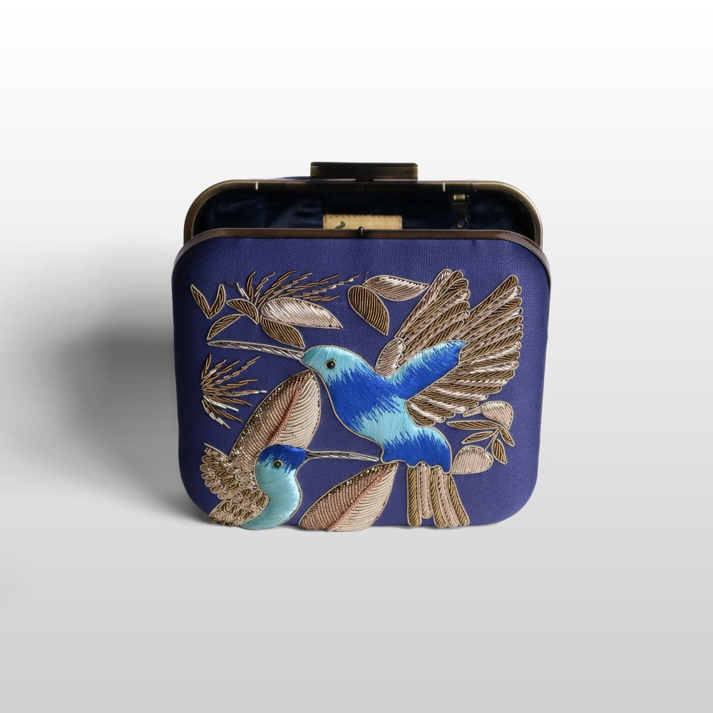 Serenade: Square Handmade Velvet Clutch with Zardosi Birds