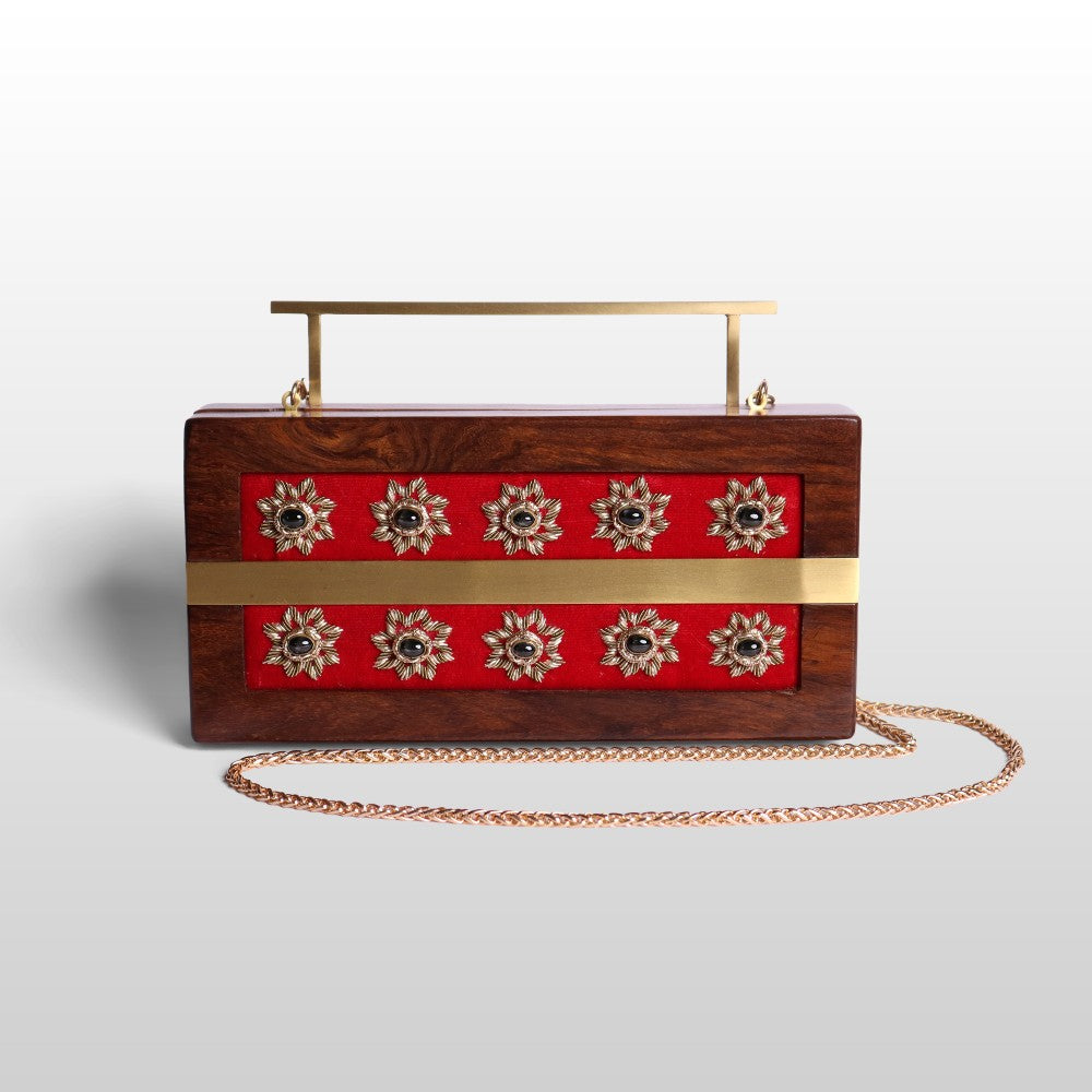Gulnaar – Maroon Velvet Zardosi Wooden Clutch