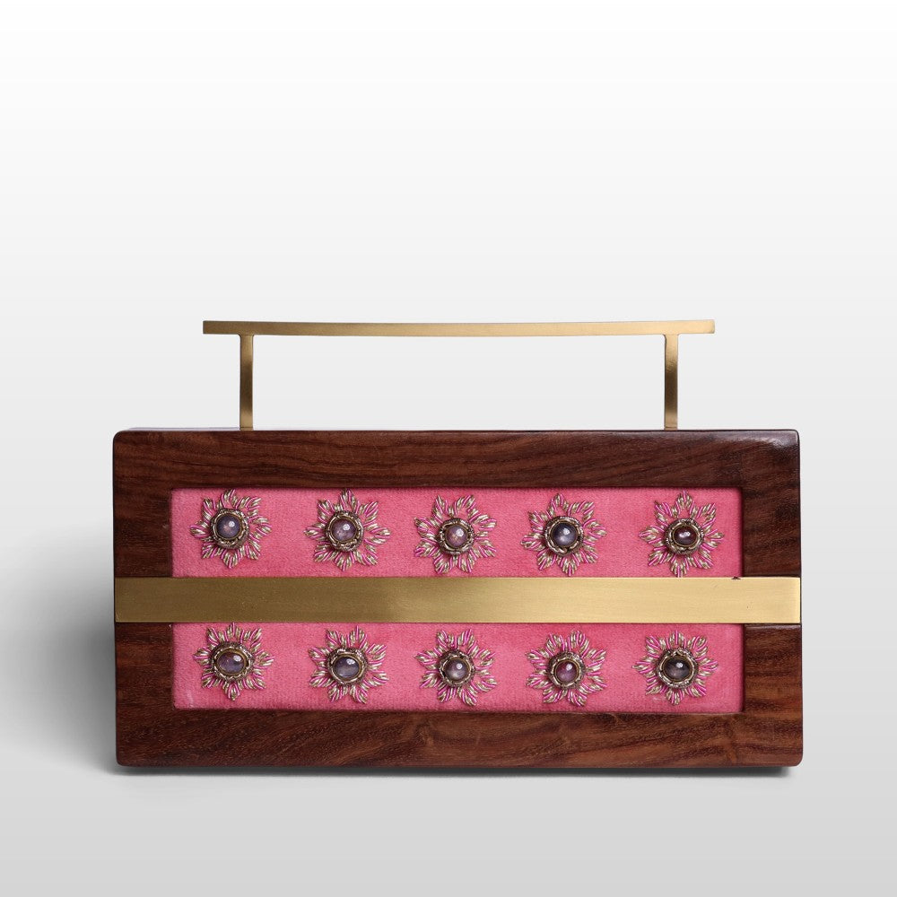 Gulnaar – Maroon Velvet Zardosi Wooden Clutch