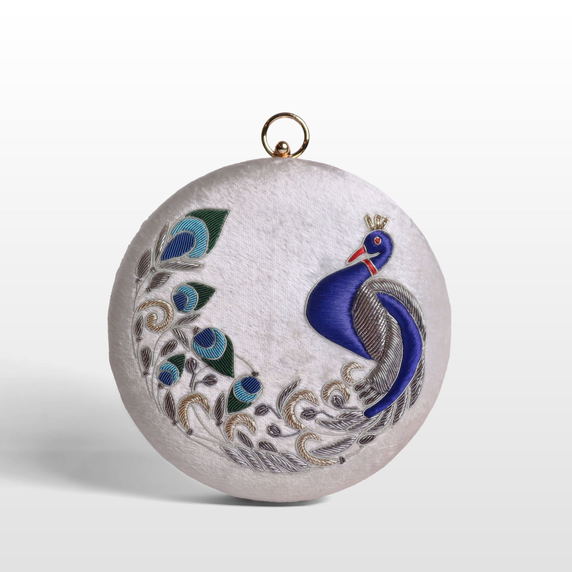Peacock Embellished Evening Clutch – Handmade Luxury Velvet Bag with Crystal Zardosi Work | Featured in NYFW