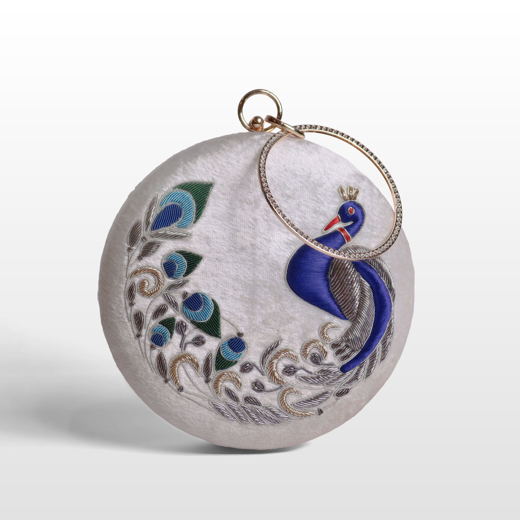 Peacock Embellished Evening Clutch – Handmade Luxury Velvet Bag with Crystal Zardosi Work | Featured in NYFW