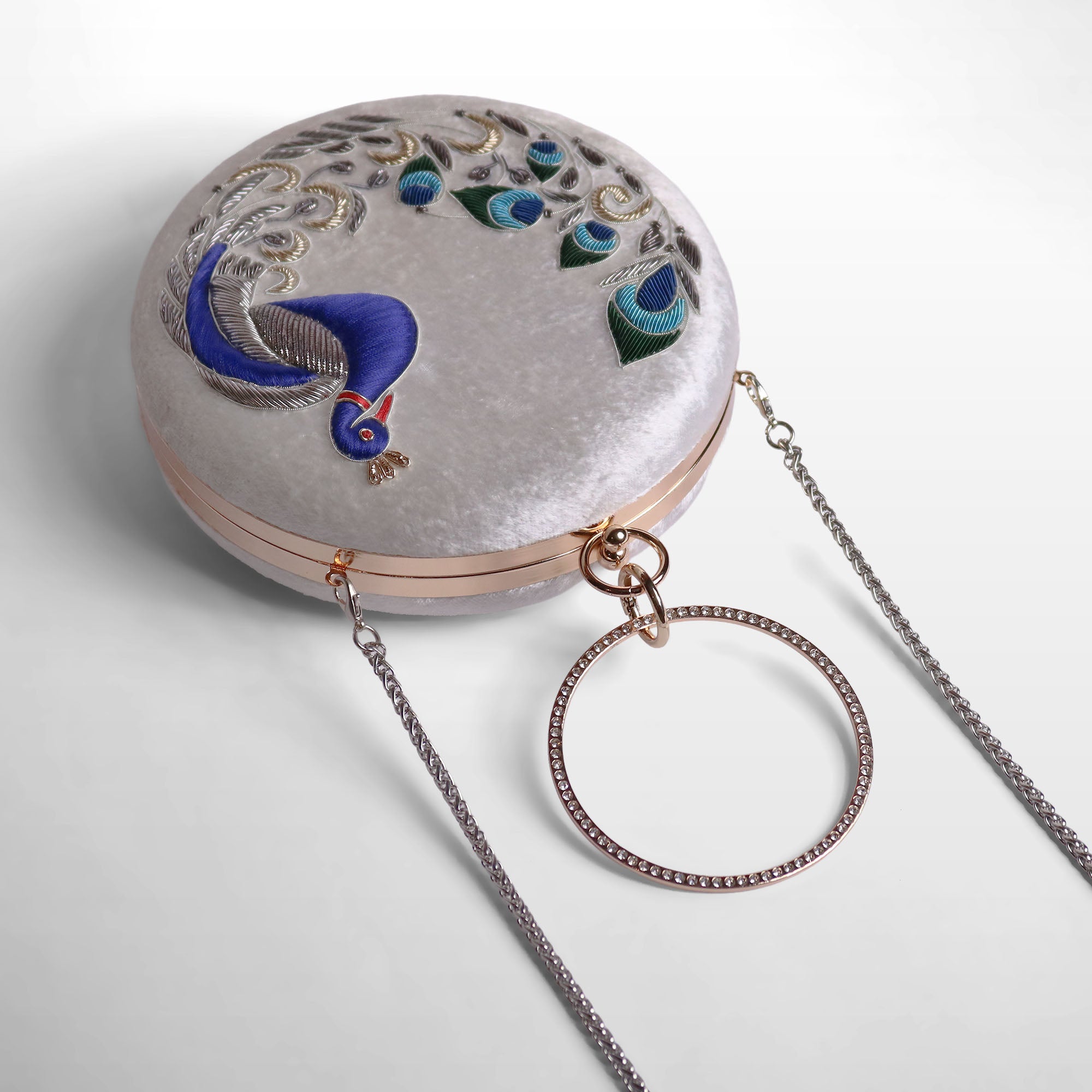 Peacock Embellished Evening Clutch – Handmade Luxury Velvet Bag with Crystal Zardosi Work | Featured in NYFW