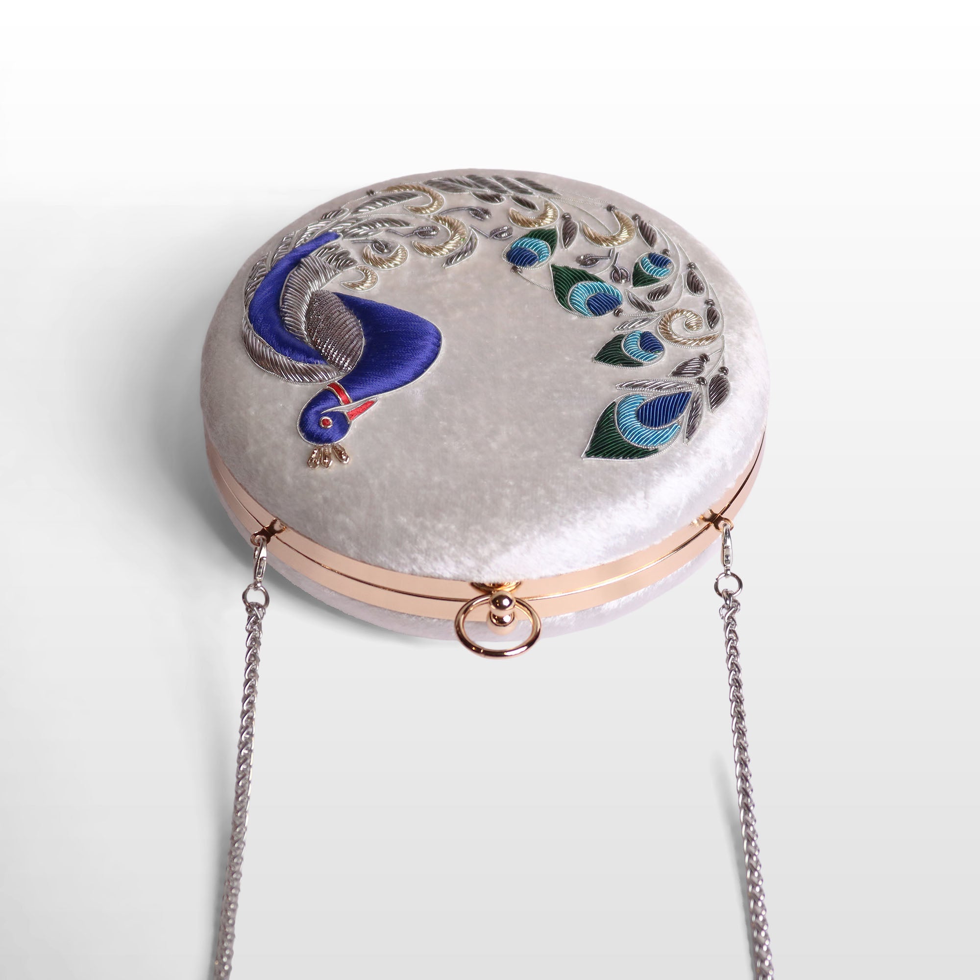 Peacock Embellished Evening Clutch – Handmade Luxury Velvet Bag with Crystal Zardosi Work | Featured in NYFW