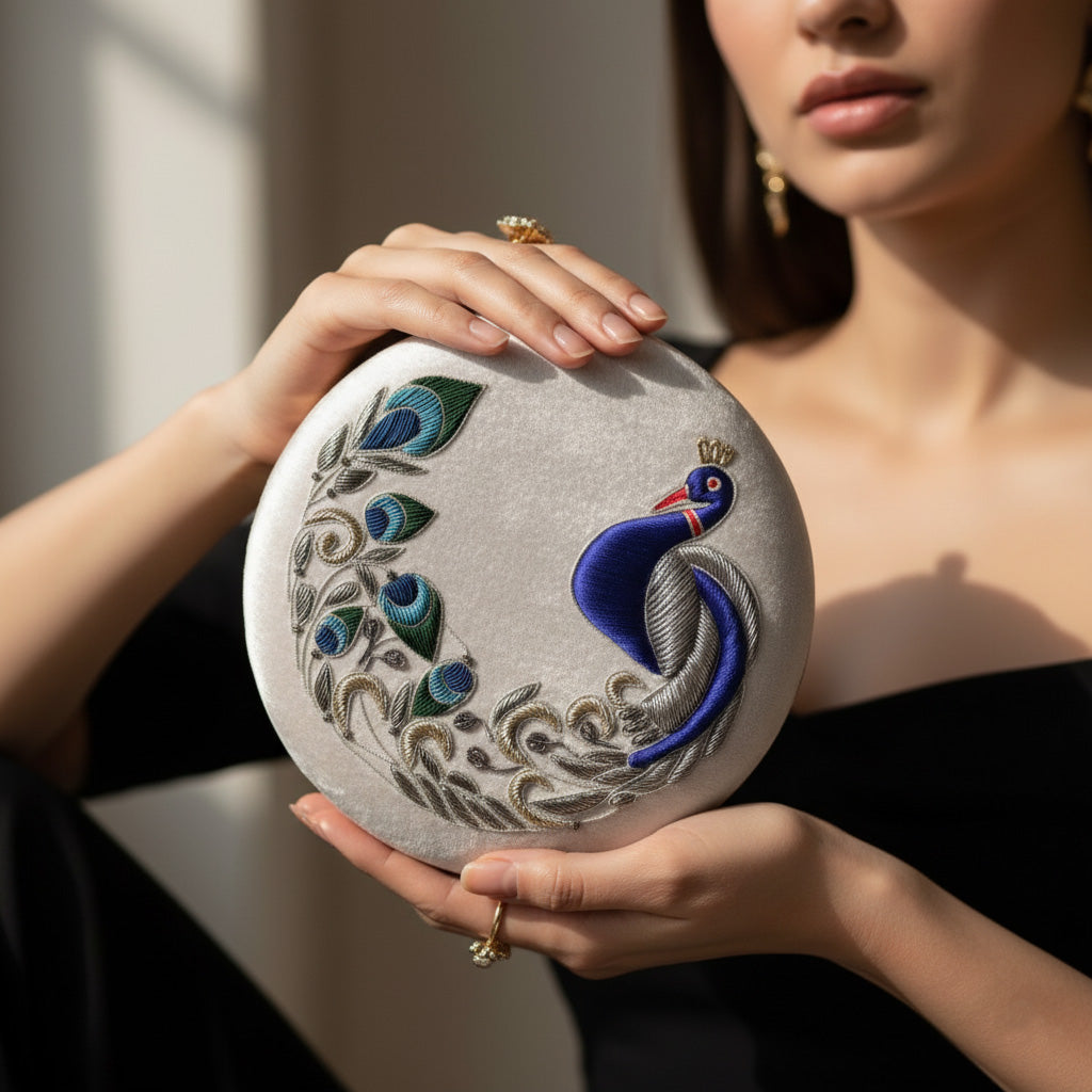 Peacock Embellished Evening Clutch – Handmade Luxury Velvet Bag with Crystal Zardosi Work | Featured in NYFW